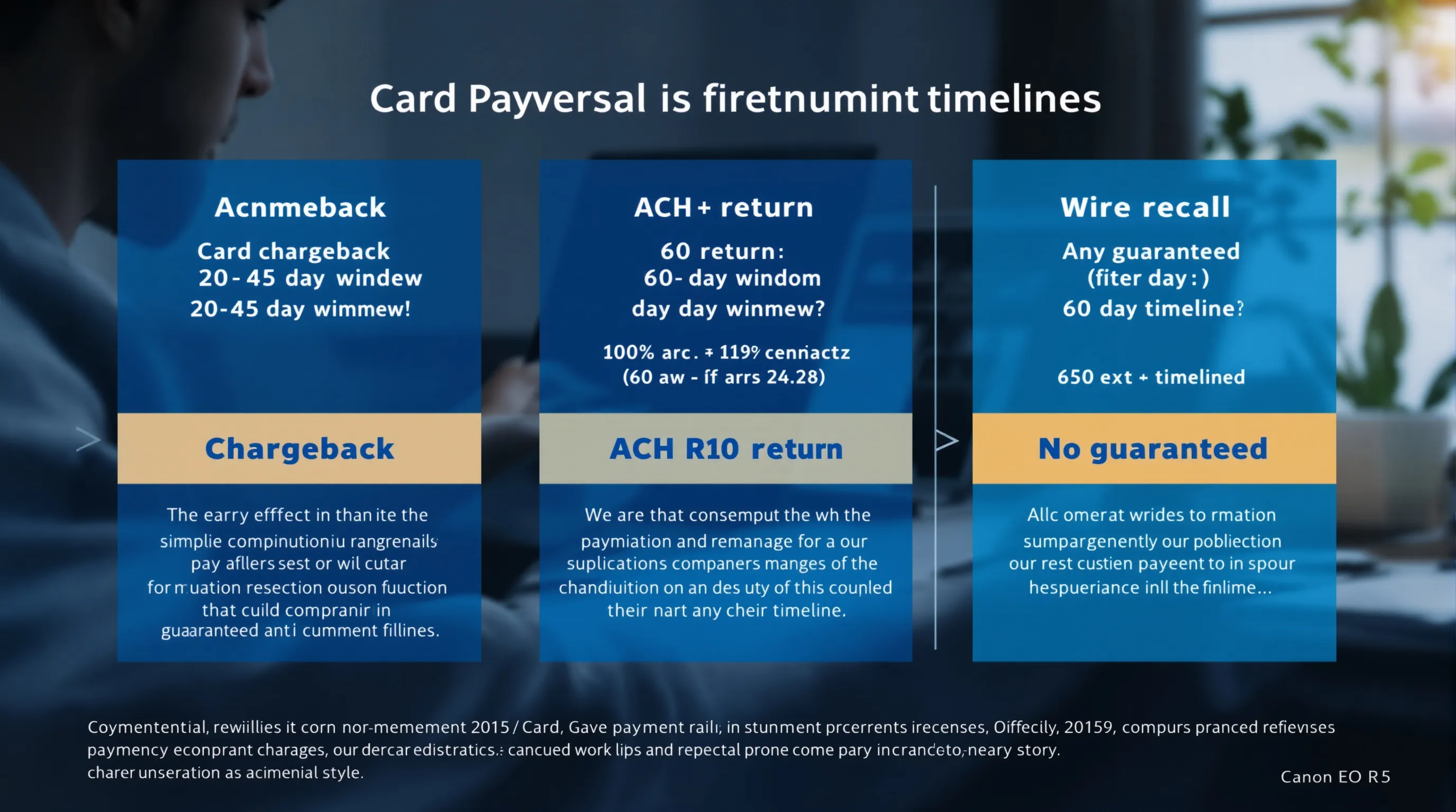 Comparison of payment reversal deadlines by rail: card chargeback, ACH return, and wire recall