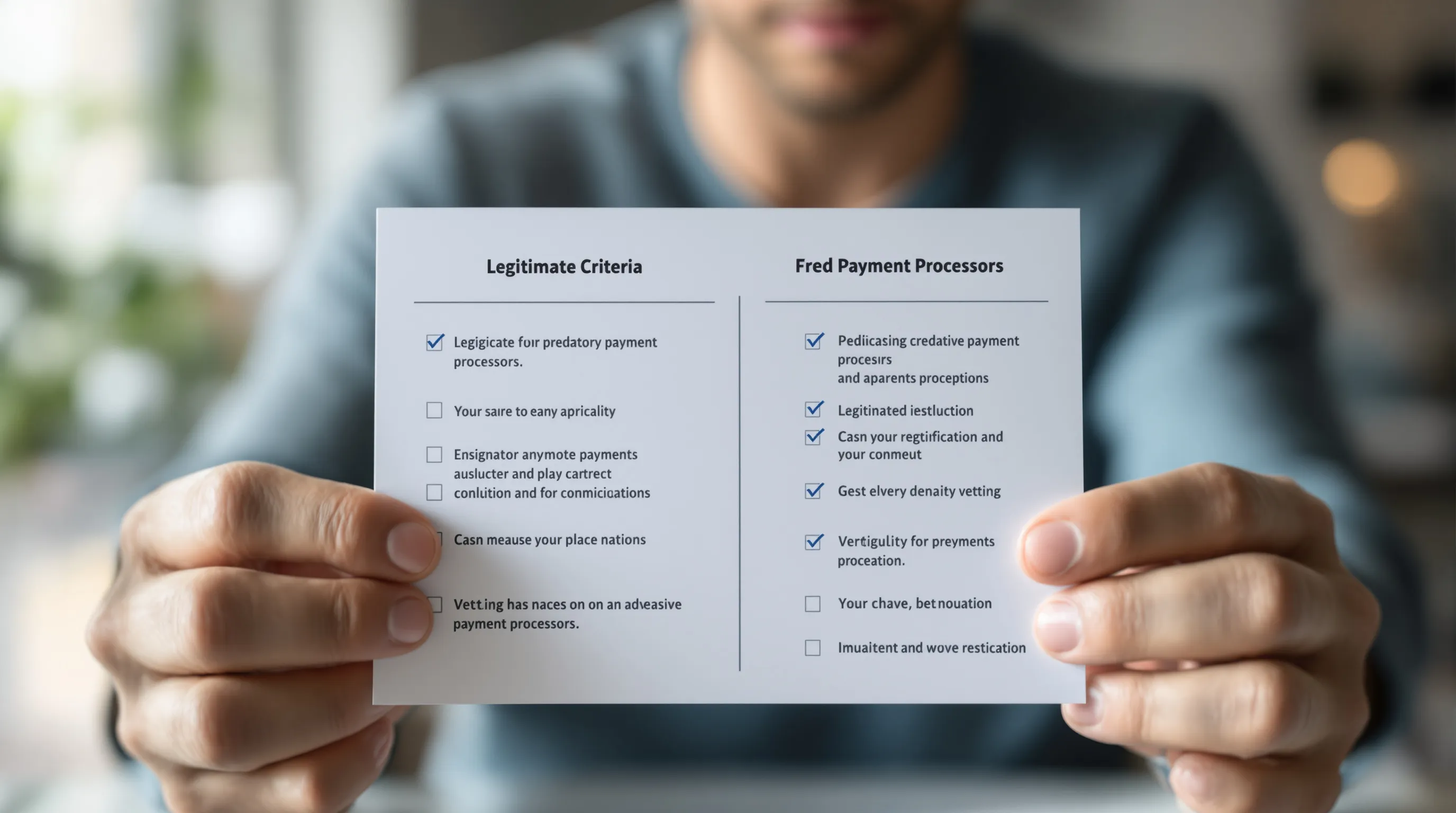 Checklist comparing red flags and green lights when vetting a high-risk payment processor
