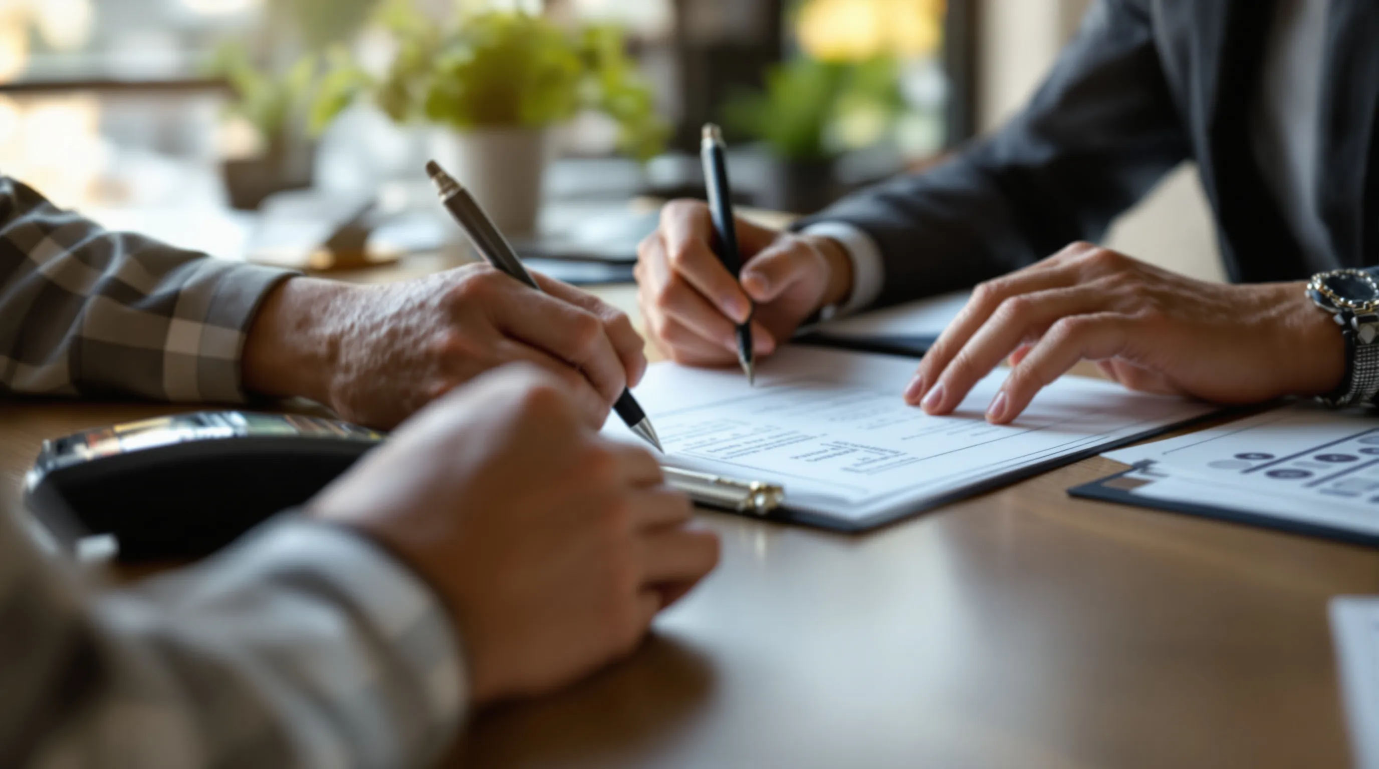 Business owner completing a high-risk merchant account application with payment processing documents and a card terminal nearby