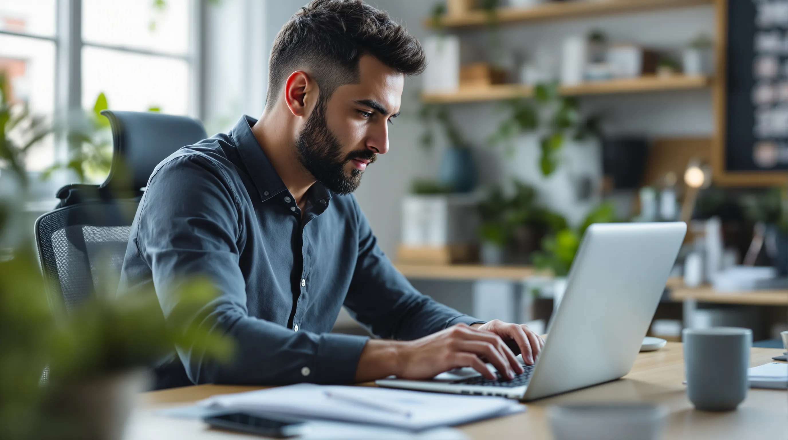 Business owner reviewing payment settlement data on a laptop in a small office