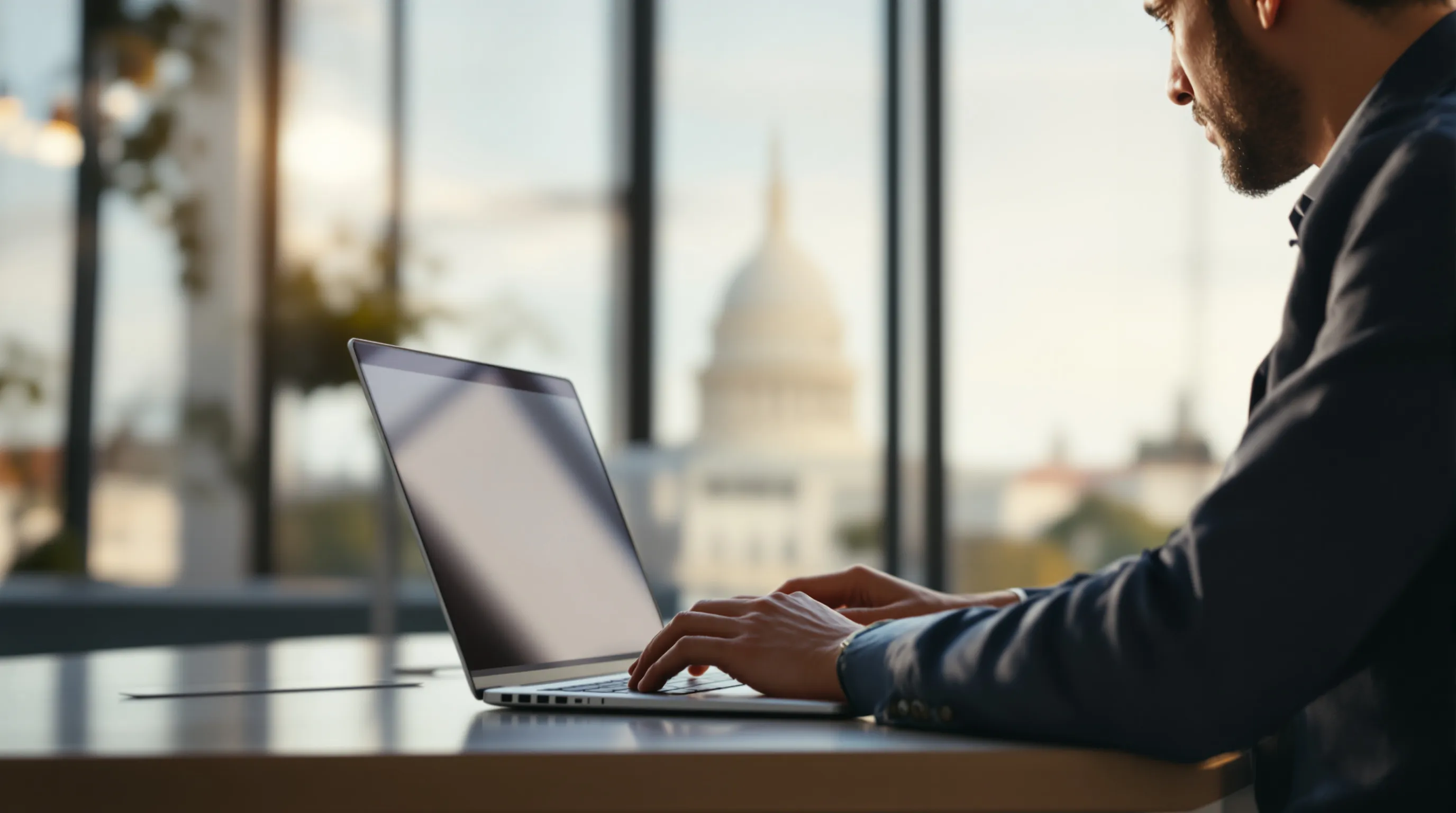 Business owner reviewing CBD payment processing options on a laptop with federal building visible in background, representing the intersection of marijuana rescheduling policy and commercial payment access