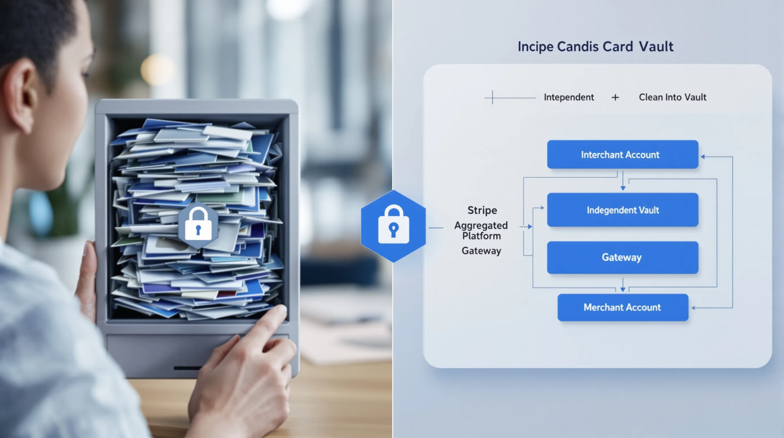 A split-screen scene: left side shows tangled card vault bundled inside an aggregated platform like Stripe with locked vault icon, right side shows clean modular architecture with independent vault, gateway, and