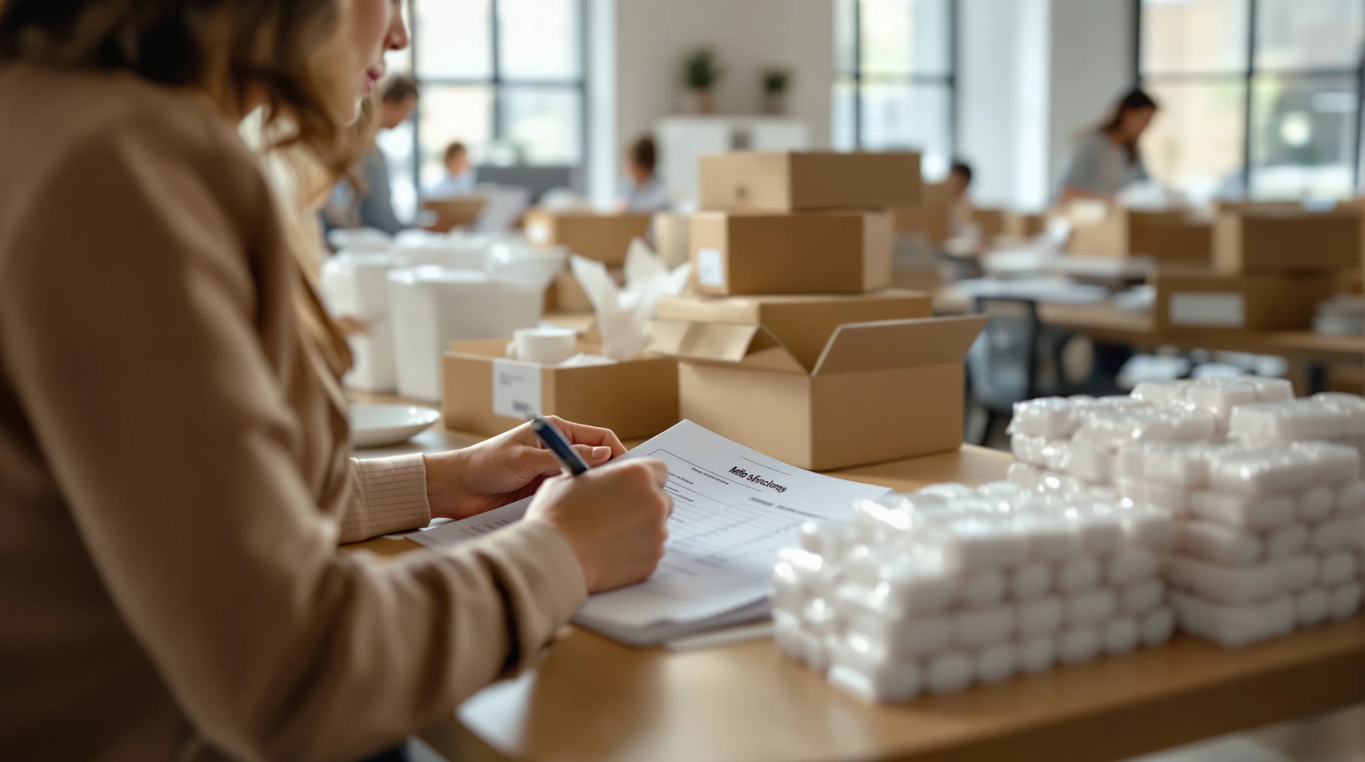An operations manager at a dietary supplement brand sits at a wooden table in a bright fulfillment office, reviewing a stack of printed monthly payment statements with a pen in hand