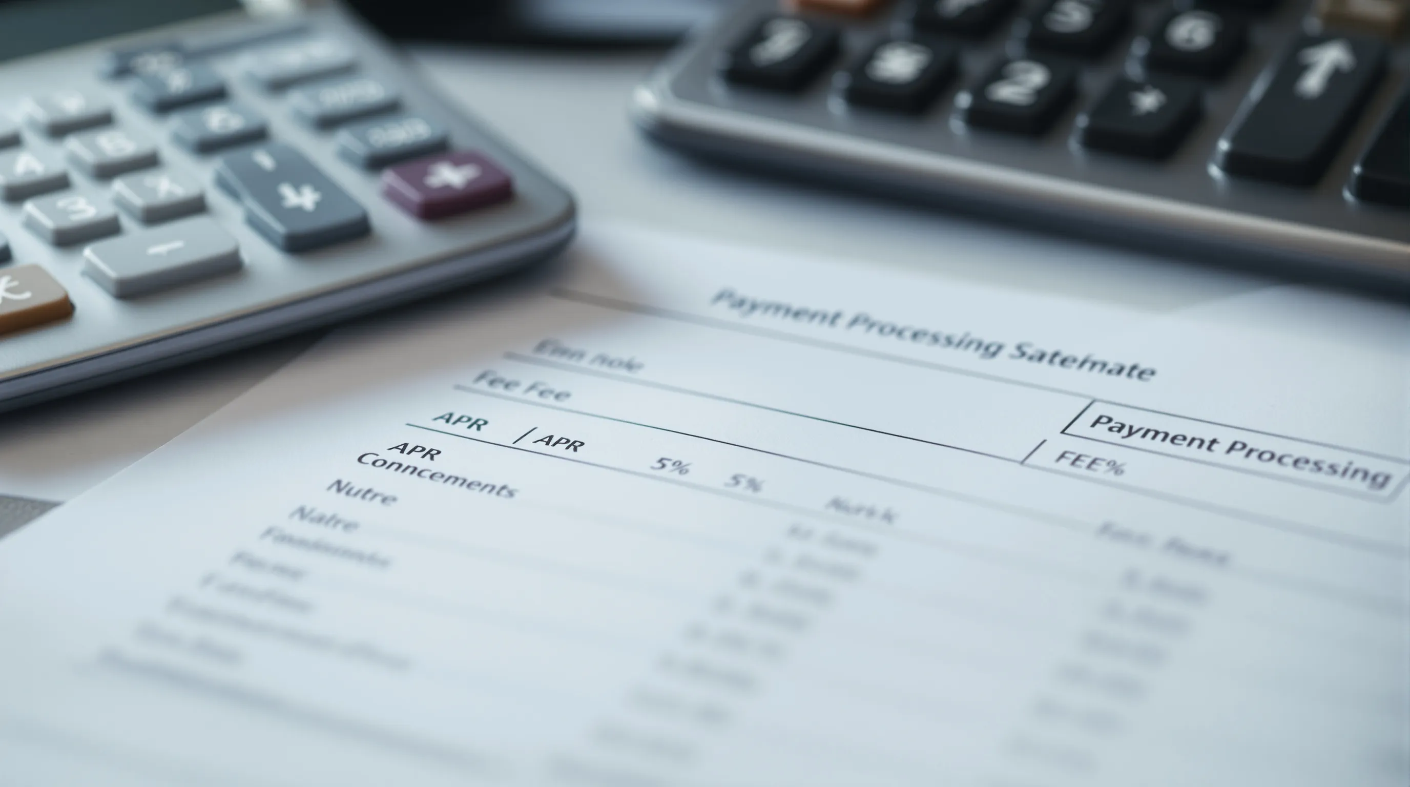 Calculator beside a payment processing statement showing per-batch fees and APR comparison