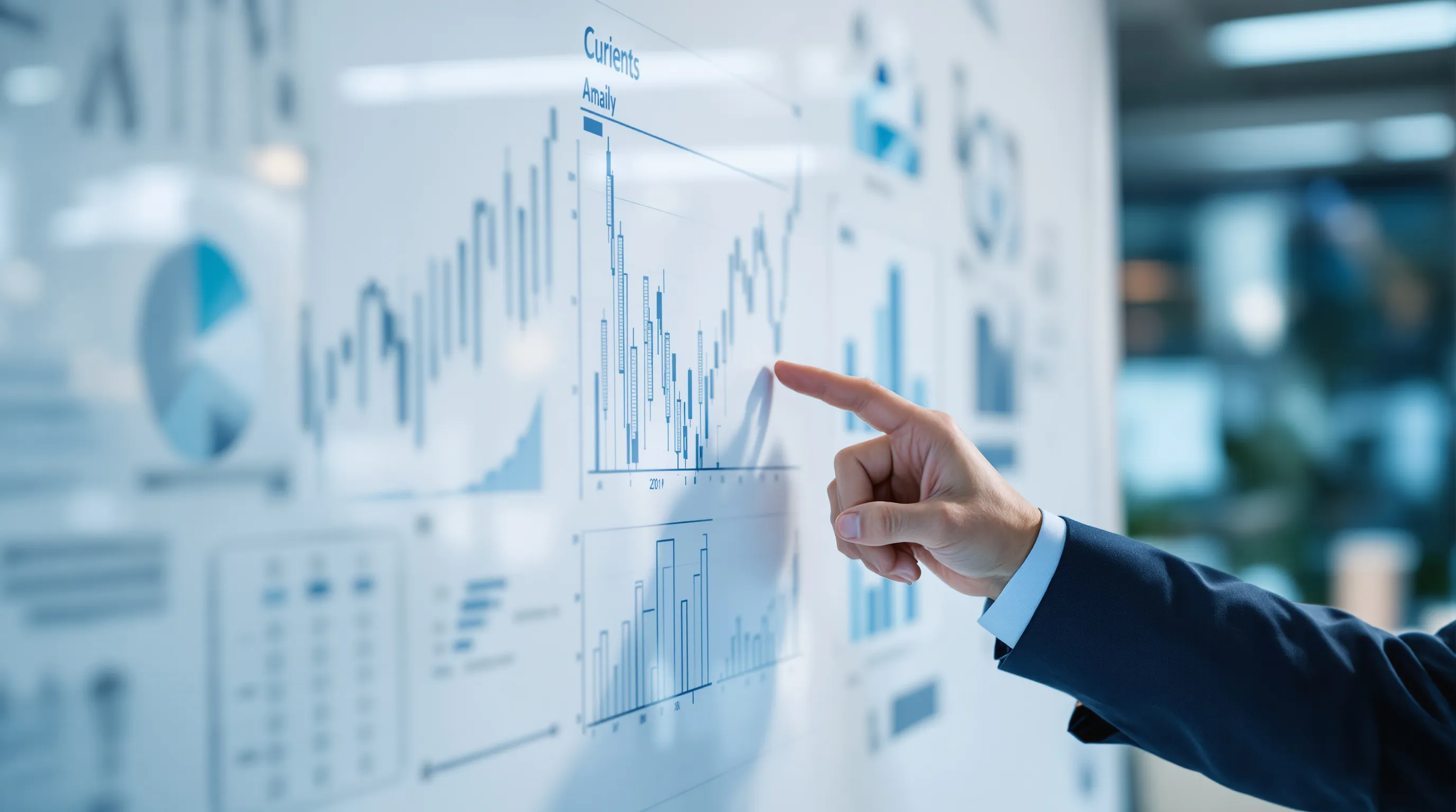 A professional photo of a businessman pointing to a descending abstract analytical work on a whiteboard, shown softly out of focus. Corporate fintech office setting, clean blue and white color palette