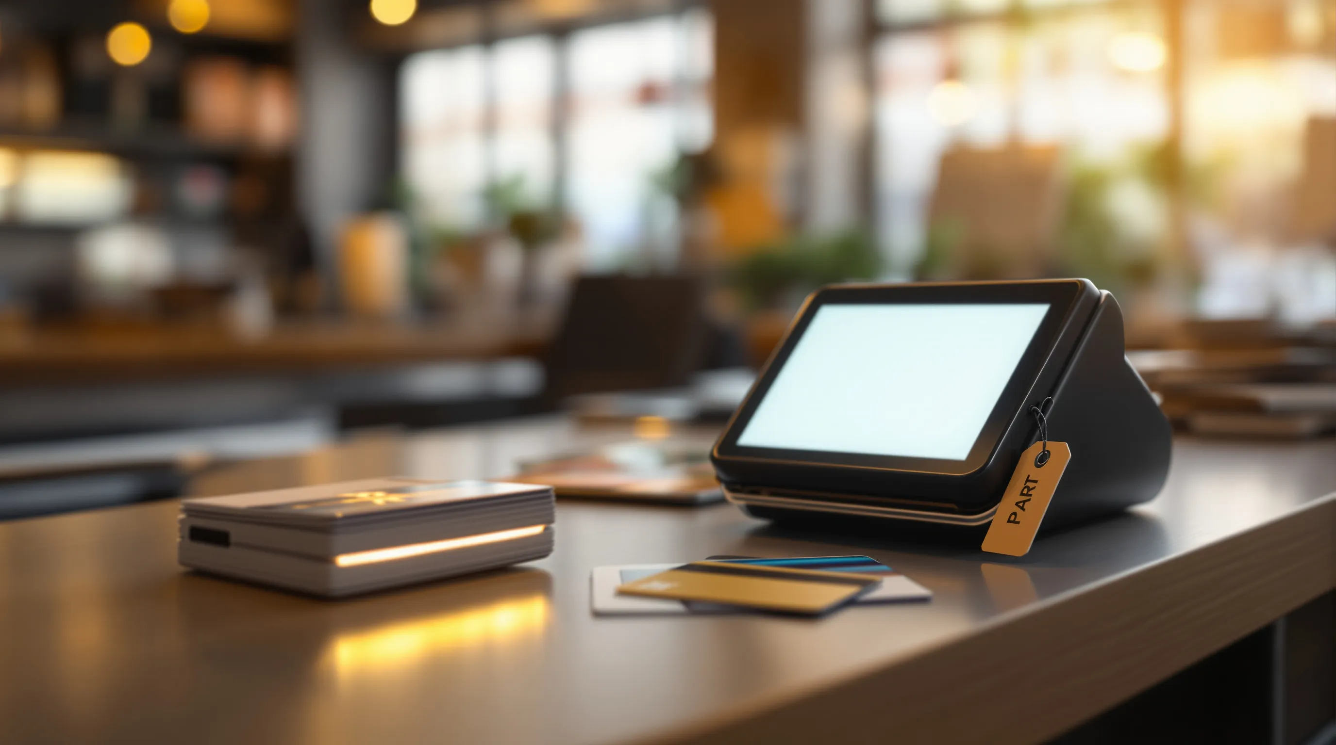 A retail store back office counter in late November, a compact card payment terminal glowing beside a stack of plastic payment cards fanned out on the countertop, a few bank cards and a gift card with a hanging price