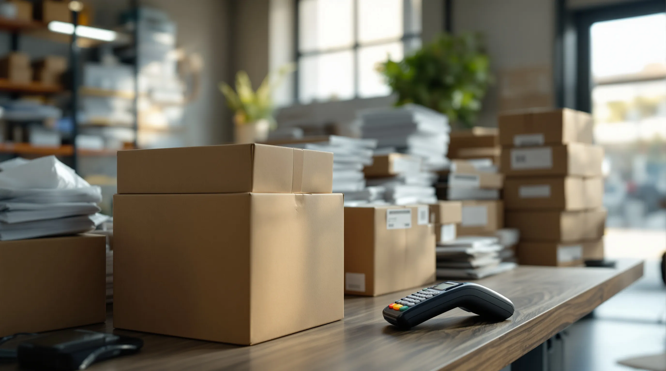 Photorealistic editorial scene of an online store owner at a cluttered packing table in a small warehouse office, hands resting on a roll of packing tape and a half-wrapped parcel, a handheld payment terminal pushed to