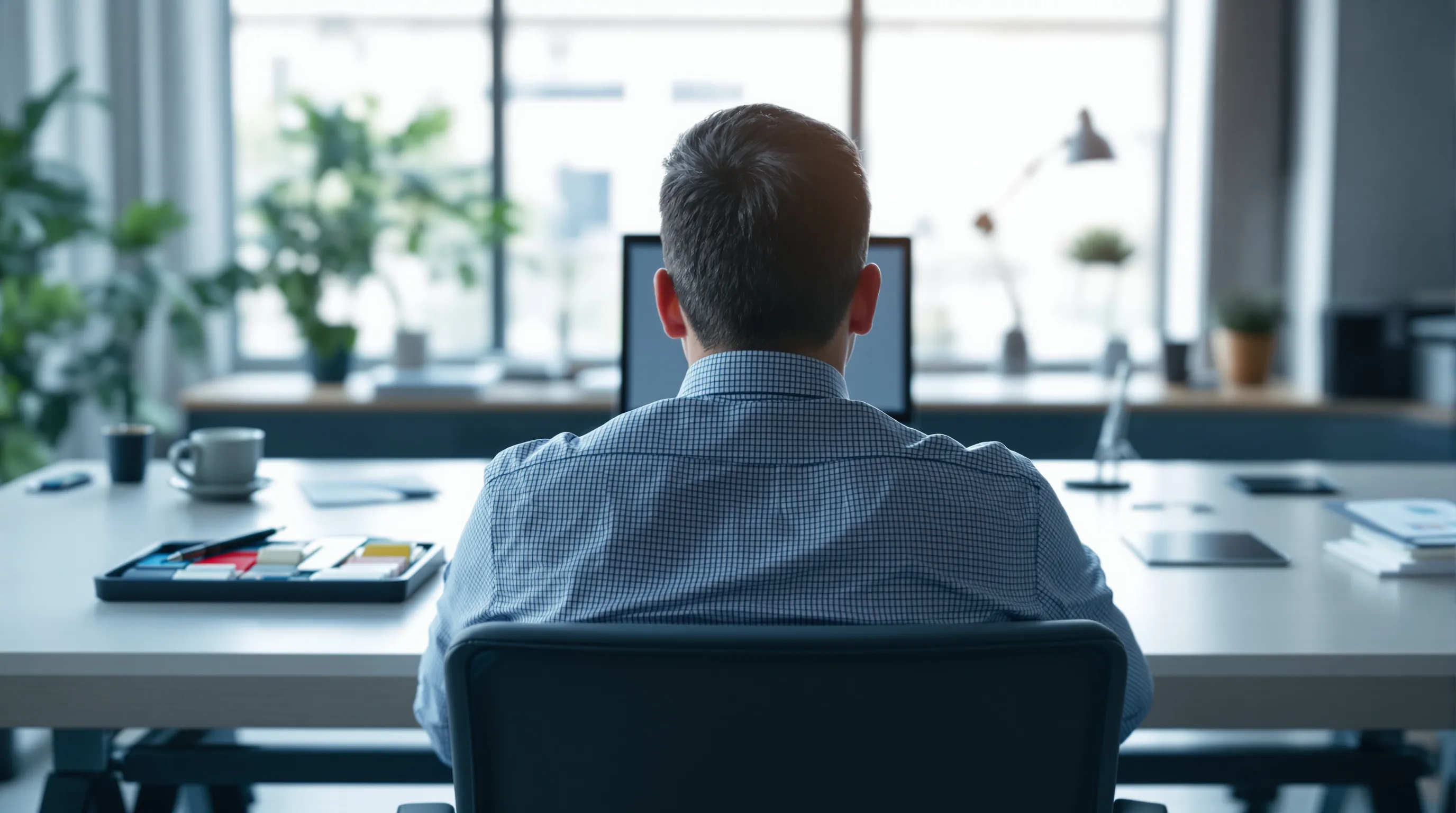 Photorealistic office scene: a payments risk analyst seen from behind, seated at a wide desk in soft daylight from a side window, muted blue and grey tones