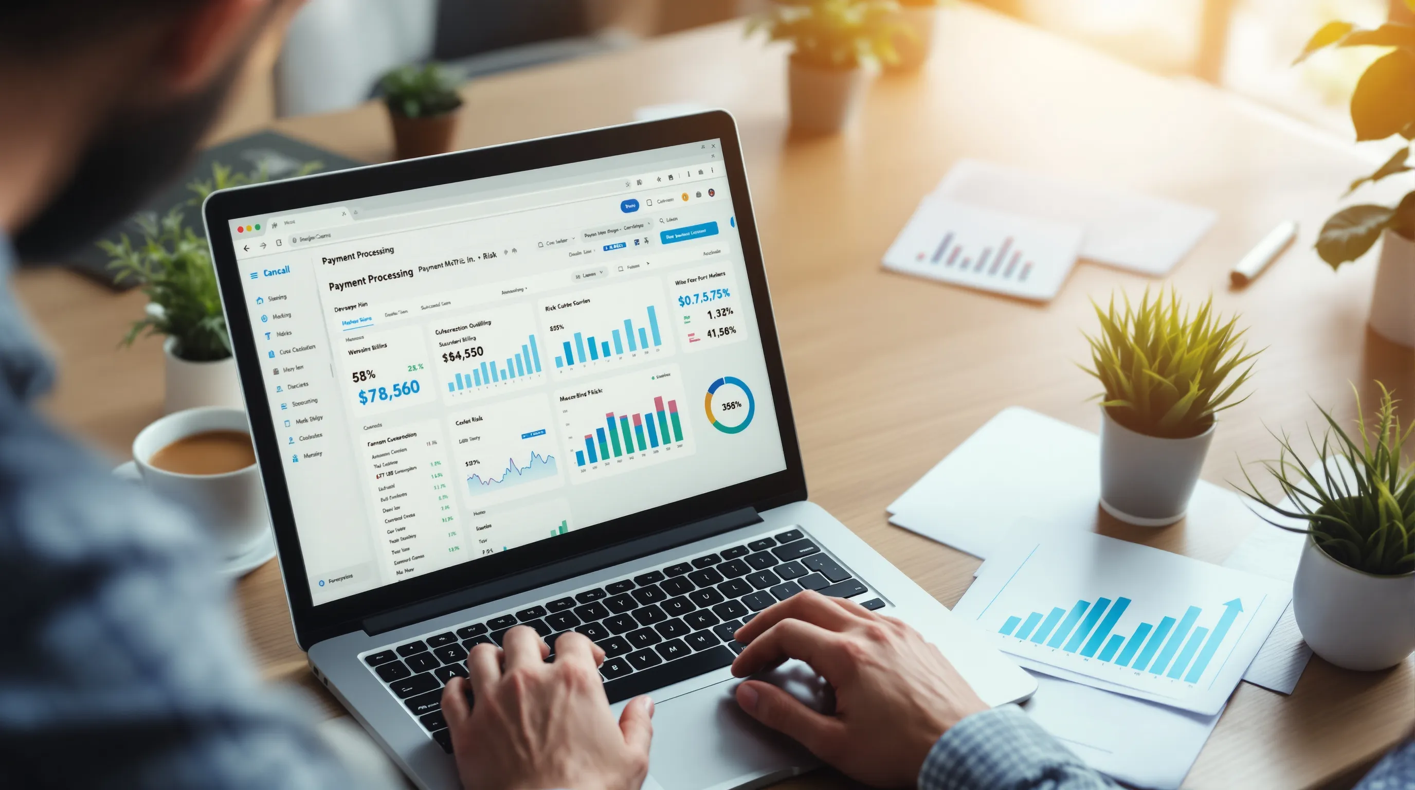 Business professional reviewing subscription payment processing risk data on laptop in modern office