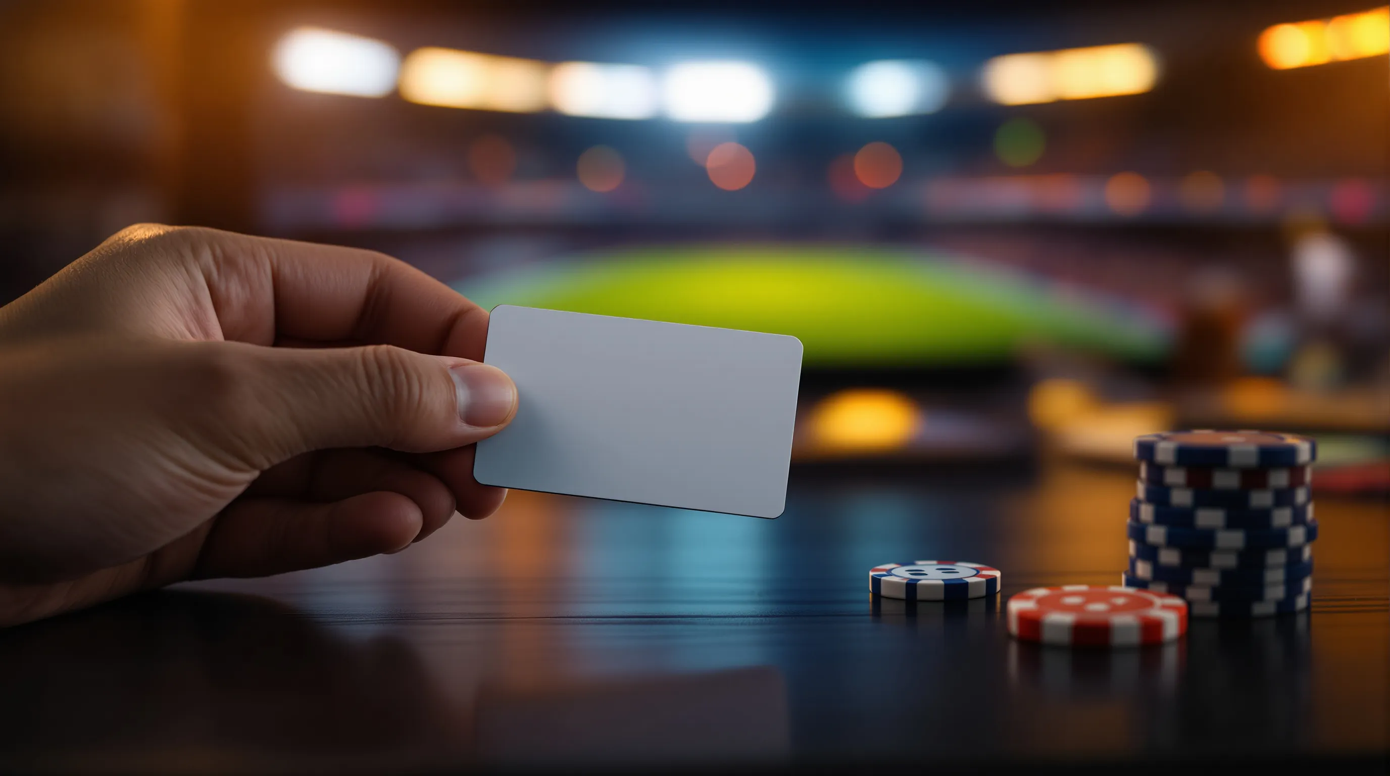 Photorealistic editorial scene: a hand holding a plain unbranded credit card above a dark wooden desk, a small stack of casino chips and a loose pair of dice resting beside it, a softly blurred football match glowing in
