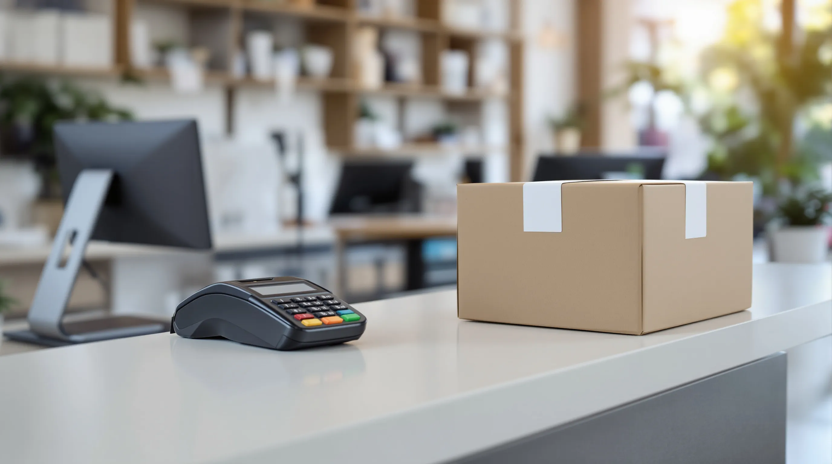 Telehealth clinic desk with a card terminal, a video consult on a laptop and a separate pharmacy shipping box