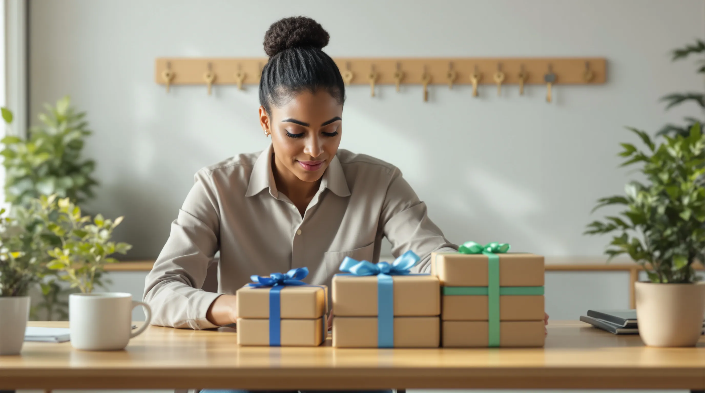 Photorealistic editorial photo of a subscription business operations manager seated at a wooden desk, leaning forward with a focused, calm expression while sorting two neat stacks of small wrapped parcels, one stack by