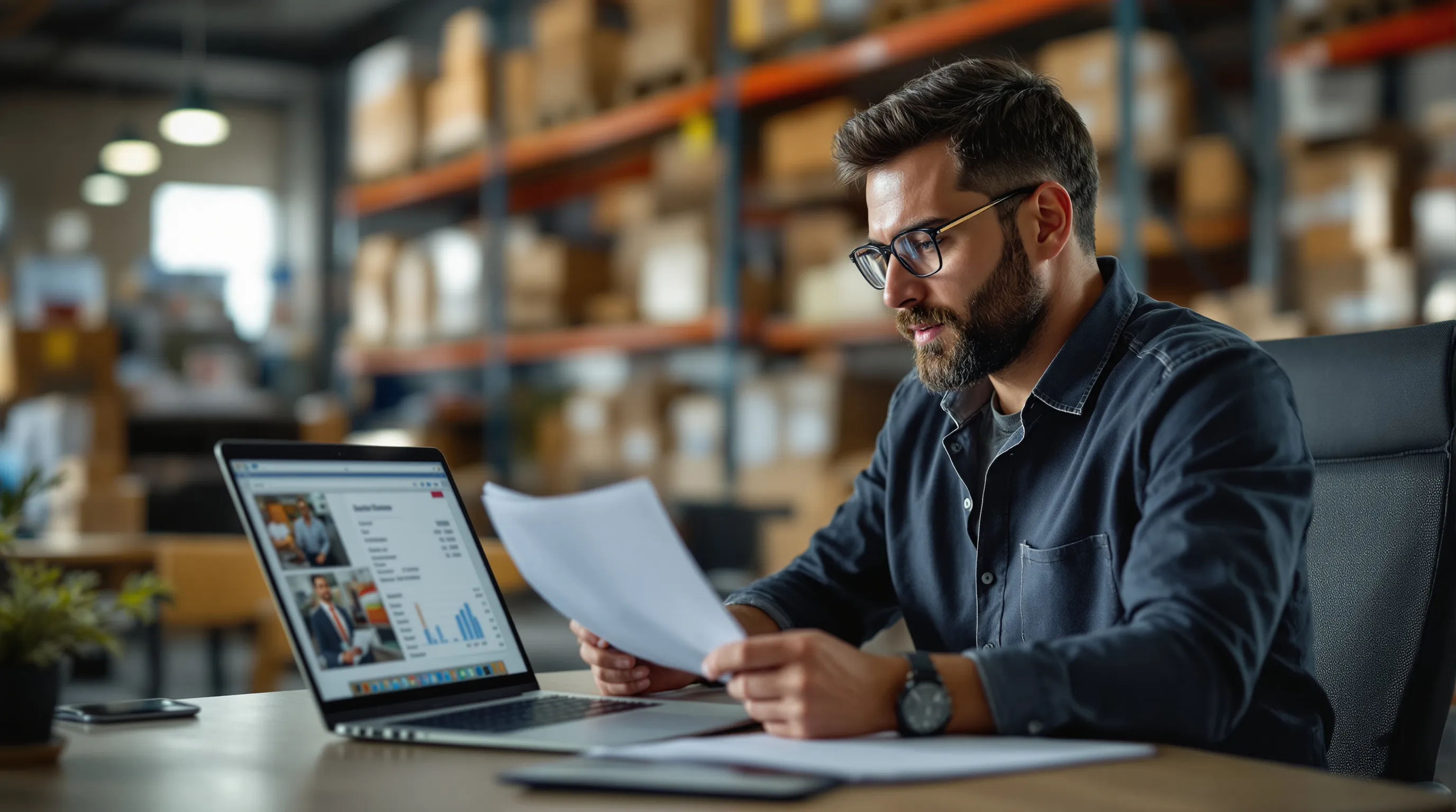 Business owner reviewing a merchant processing statement and reserve terms at a warehouse office desk