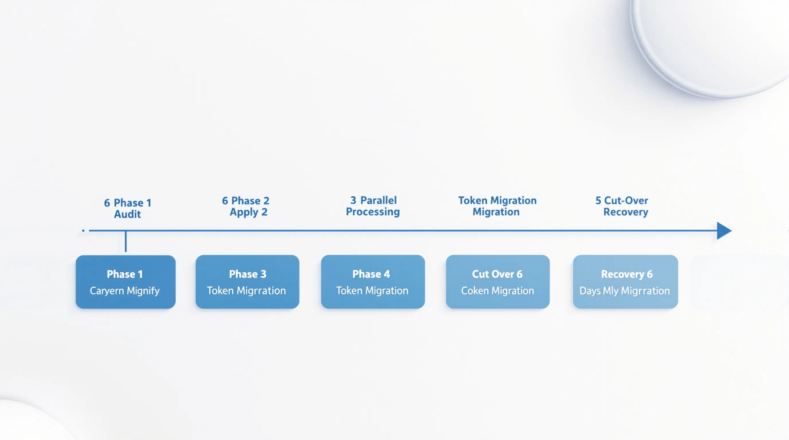 Diagram showing six-phase payment processor migration timeline: Audit, Apply, Parallel Processing, Vault Migration, Cut-Over, Recovery - with days labeled on each phase