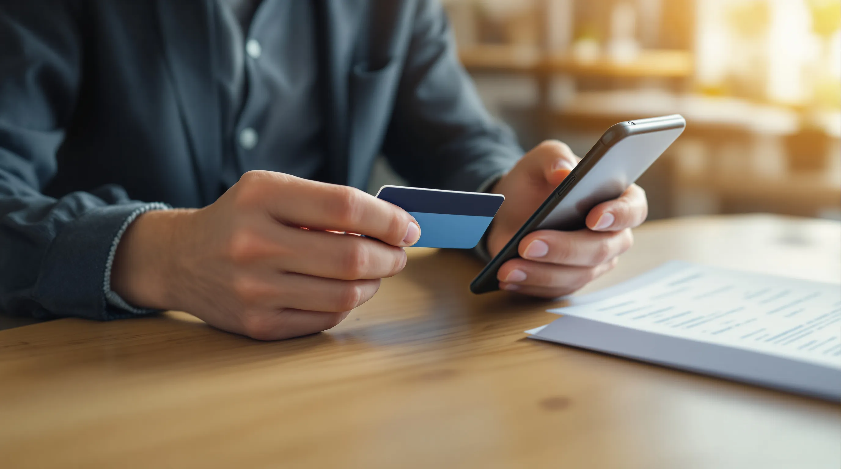 Buyer entering their own card details on a smartphone payment link while holding the card and an invoice