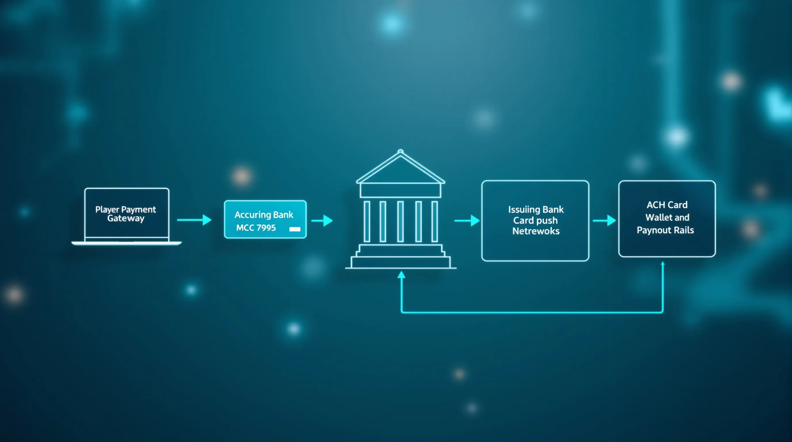 Online casino deposit and payout processing flow diagram showing payment gateway, acquiring bank, and player wallet connections