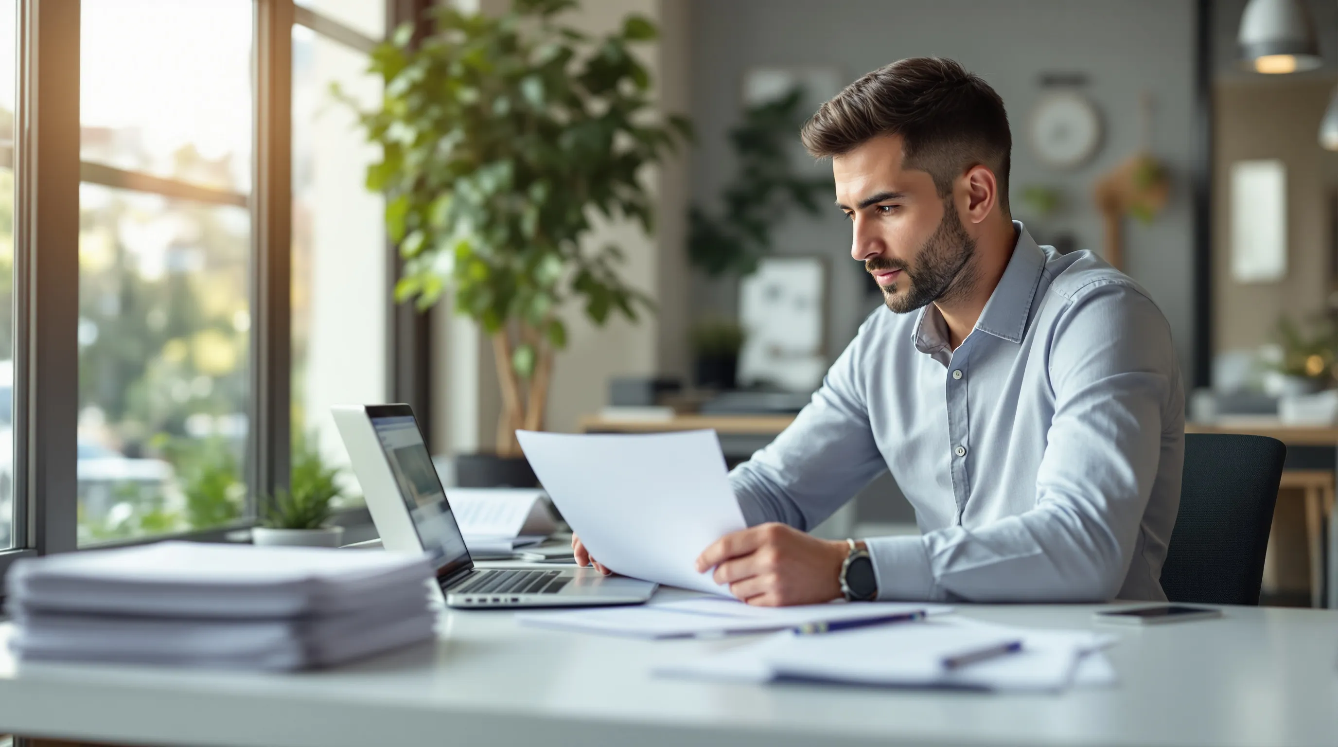 Business owner reviewing a high-risk merchant account application at a professional desk with financial documents and a laptop