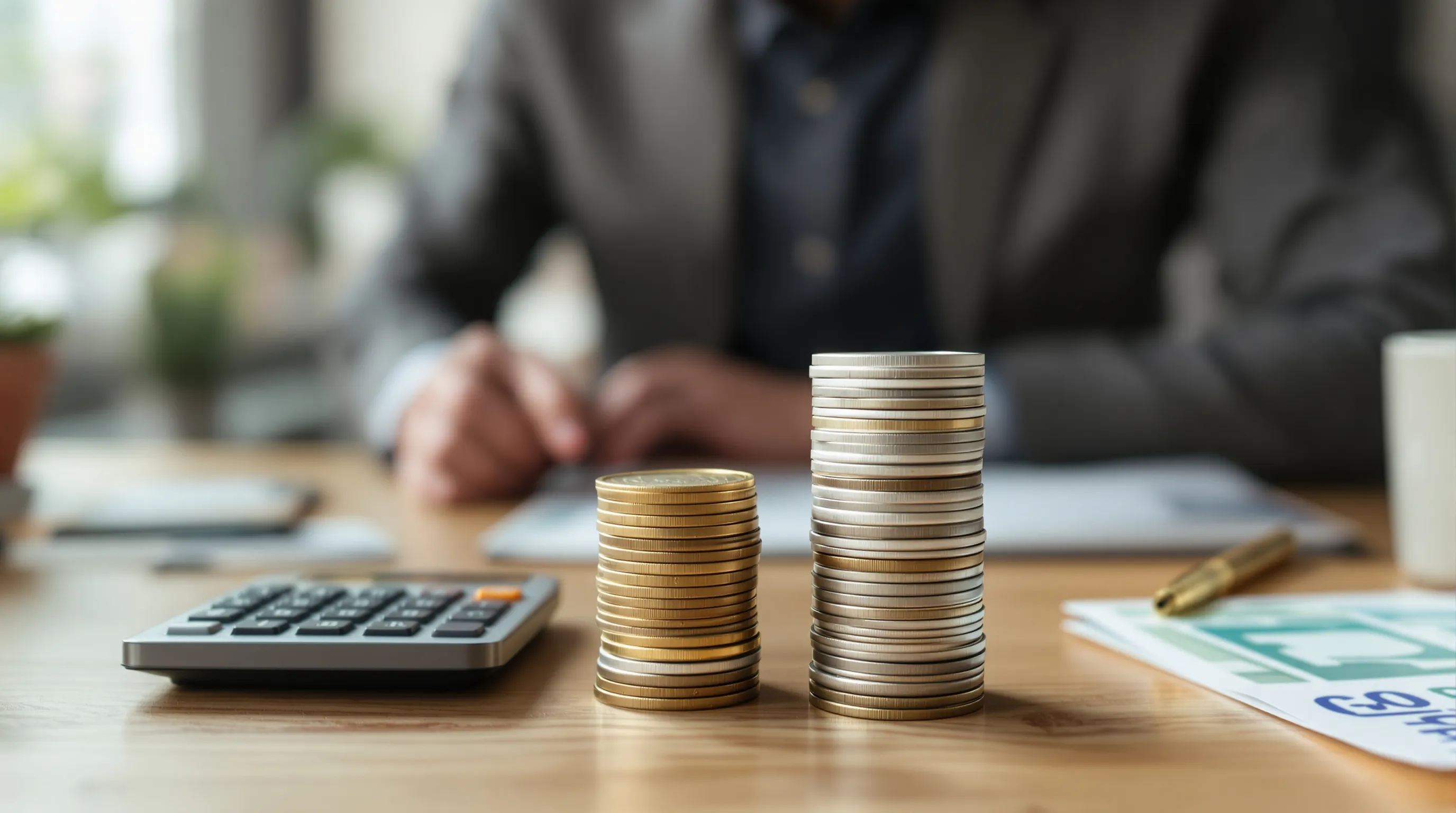 Photorealistic editorial photo of a subscription business owner seated at a wooden desk in a small office, leaning over two stacks of coins and bills set side by side, one stack larger than the other, with a calculator
