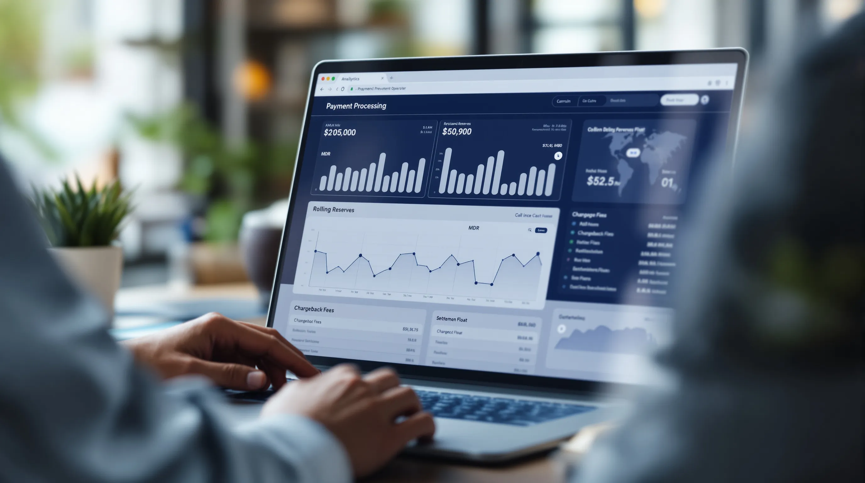 A clean financial analytics workspace showing payment processing cost breakdown for an online betting operator — abstract analytical work with sections for MDR, rolling reserves, chargeback fees, and settlement float