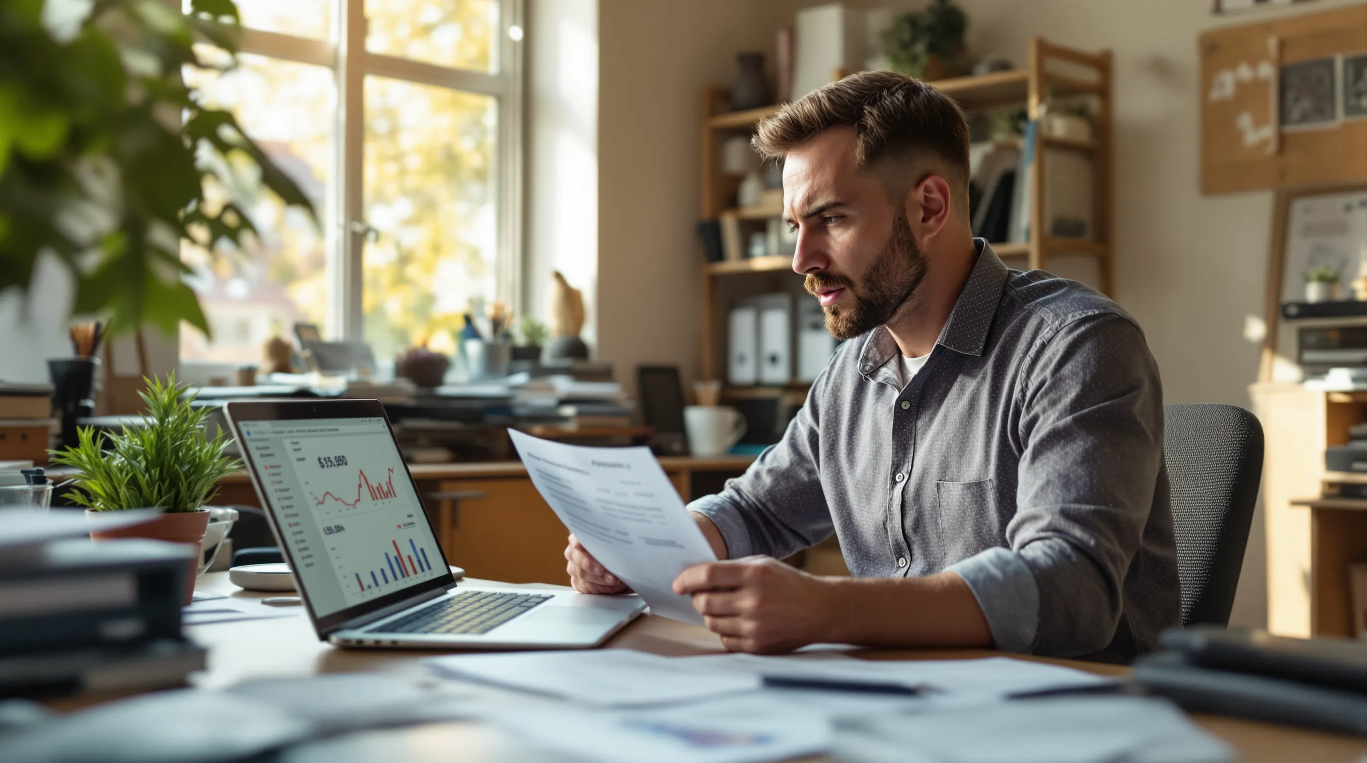 Small business owner reviewing account statements and a payment dashboard after a processor account freeze