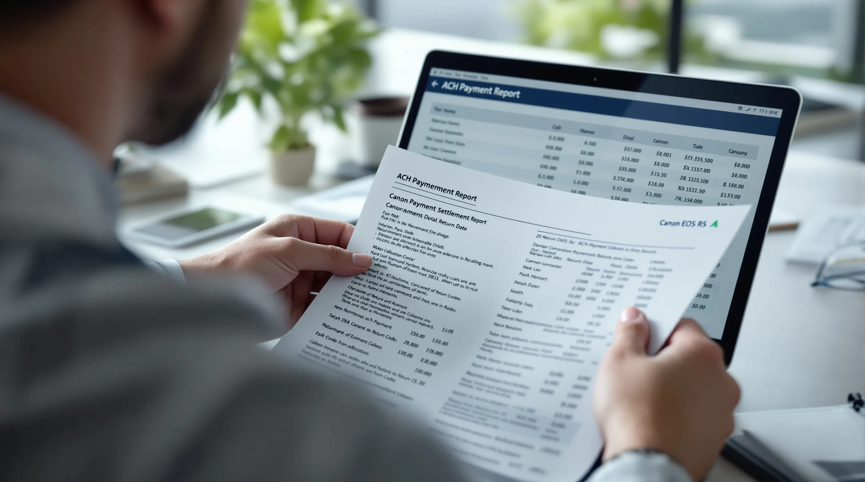 Business professional reviewing ACH settlement reports showing phantom R29 return entries on a peptide merchant account