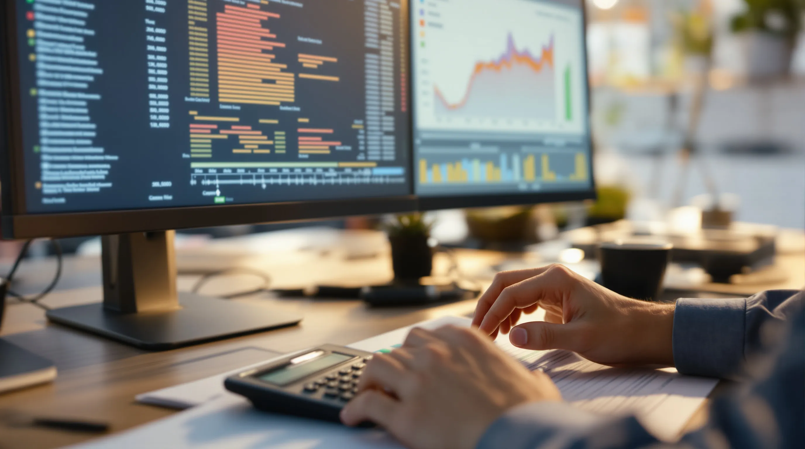 Finance team member reconciling settlement reports and a cash-flow timeline at a desk