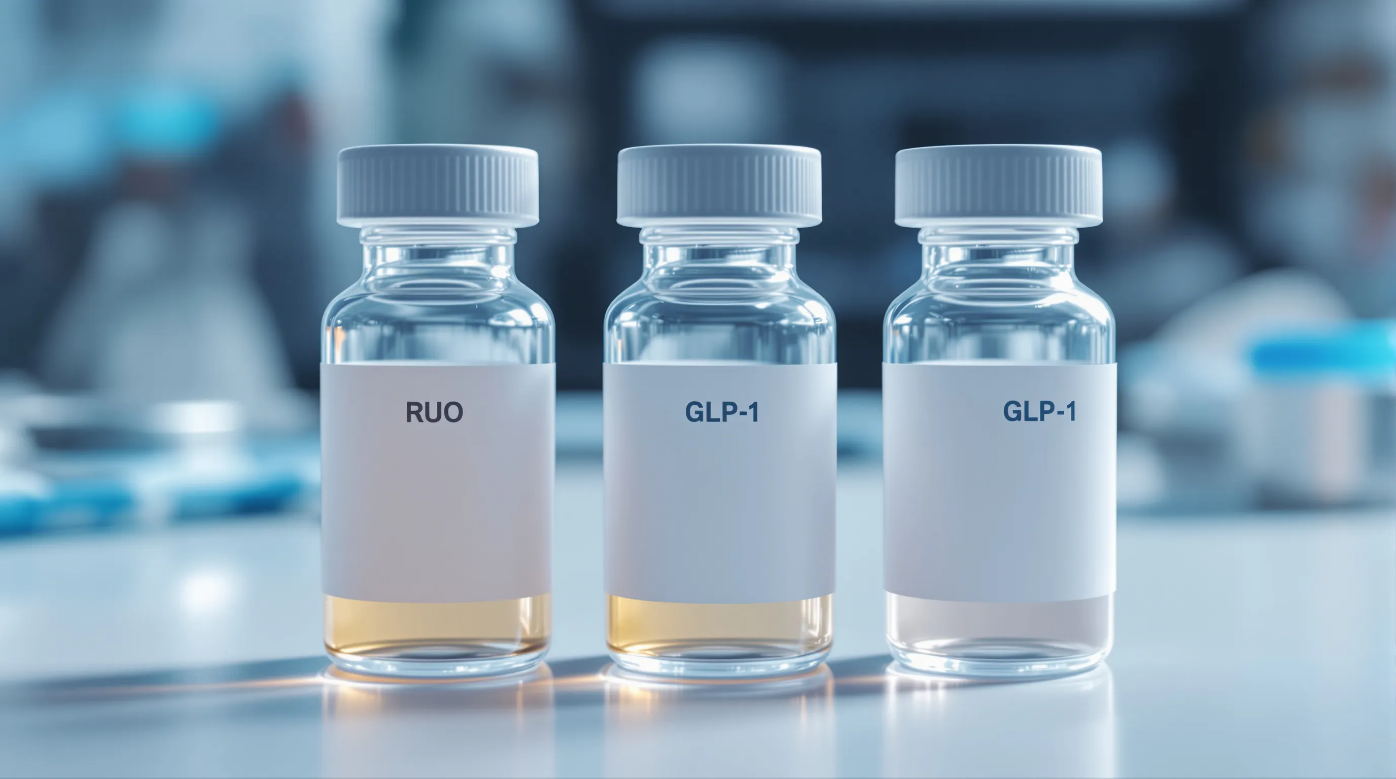 Three peptide vials labeled RUO, Dietary Supplement, and GLP-1 illustrating the three legal product classifications that determine payment processing terms