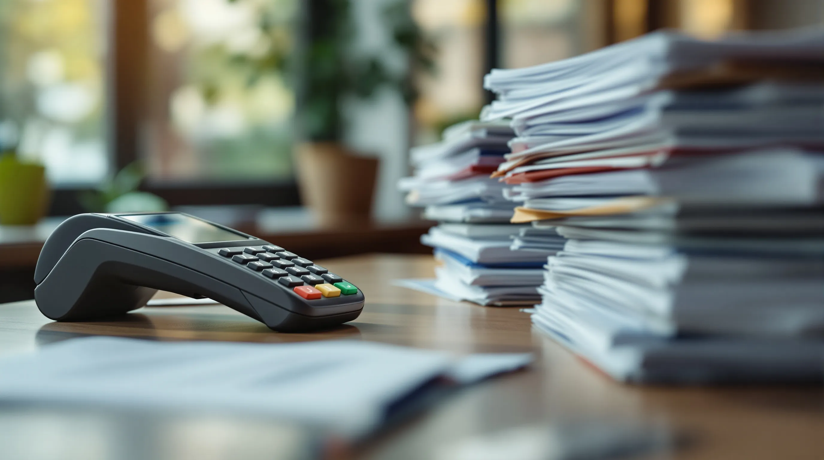 Business owner at a desk reviewing documents for a MATCH-listed merchant account application