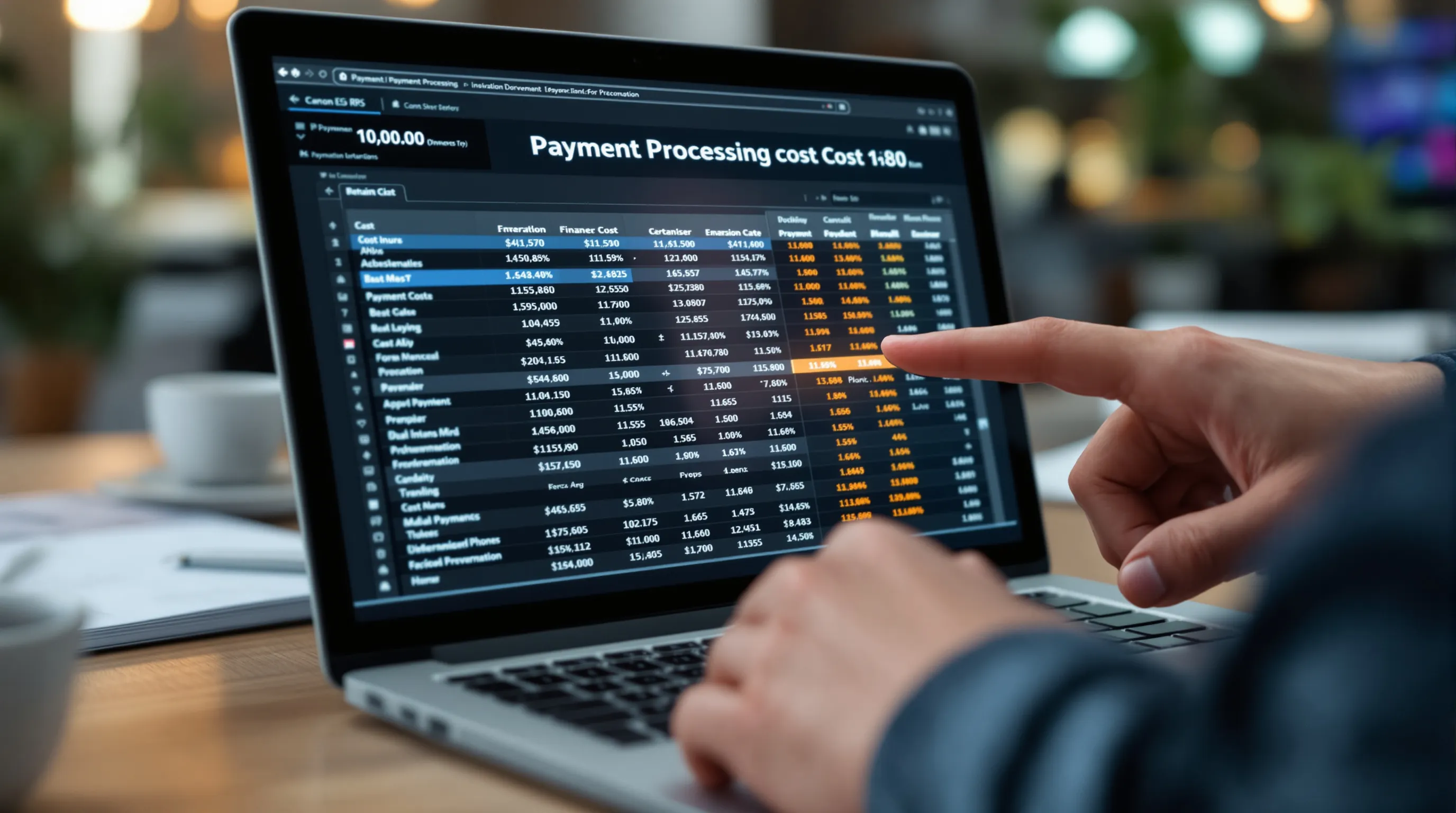 Businessperson analyzing payment processing cost comparison data on a laptop