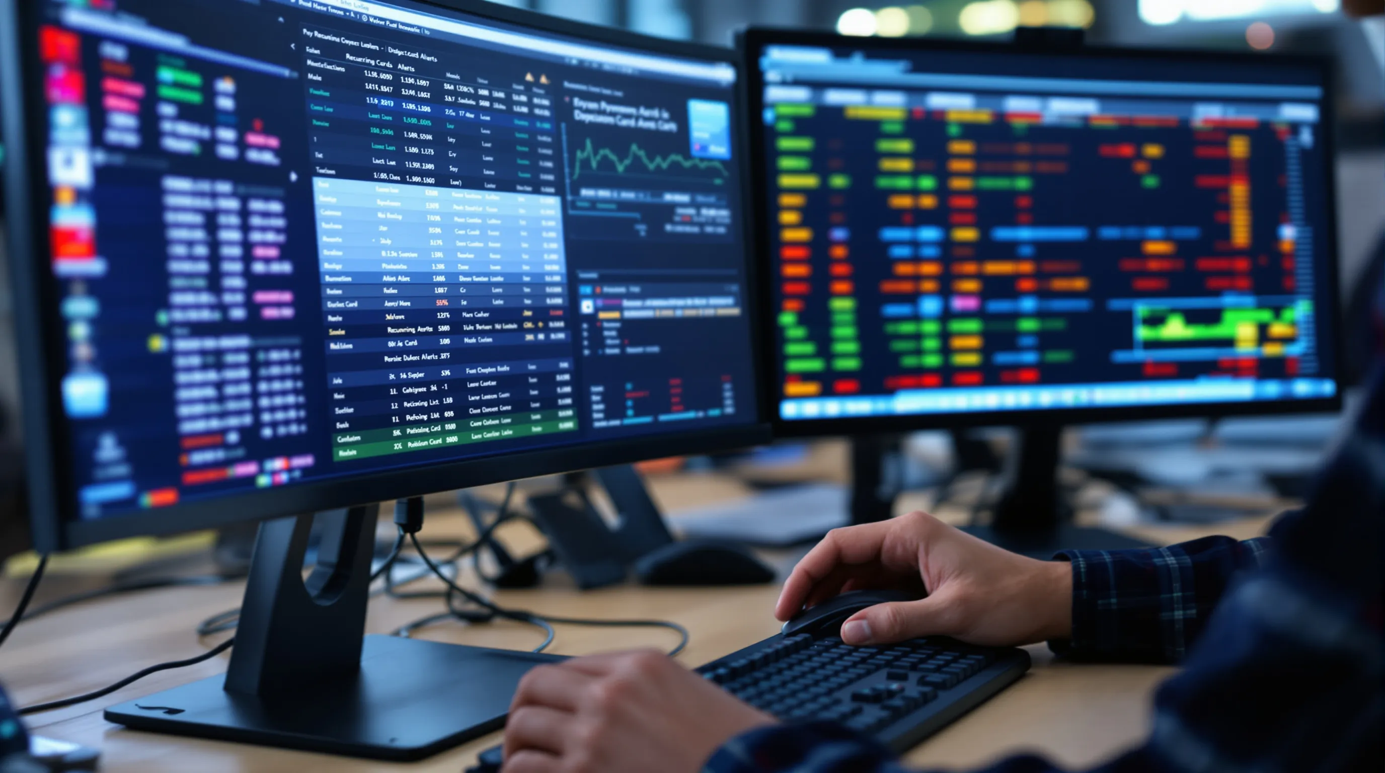 Payments analyst reviewing recurring card transactions and dispute alerts on two monitors