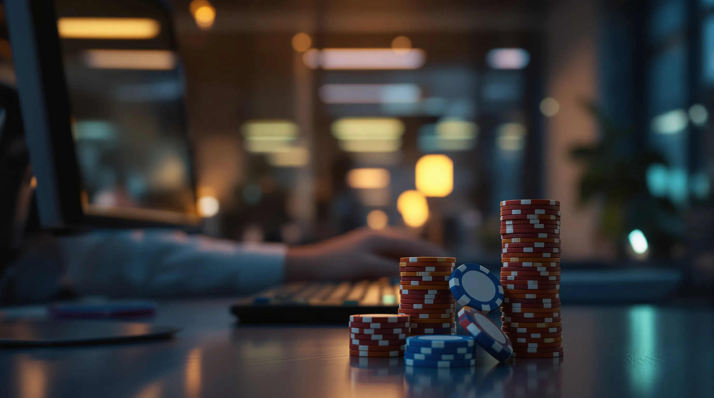 A payments operations analyst sits at a modern office desk late in the evening, leaning toward a pair of dark, glowing glass panels while one hand rests on a keyboard and the other presses a handheld desk calculator