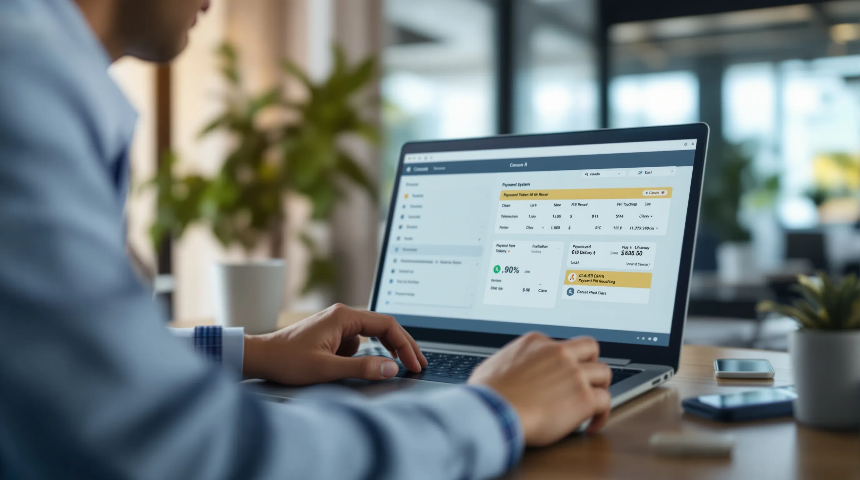 Healthcare compliance officer reviewing HIPAA payment processing architecture on a clinic dashboard