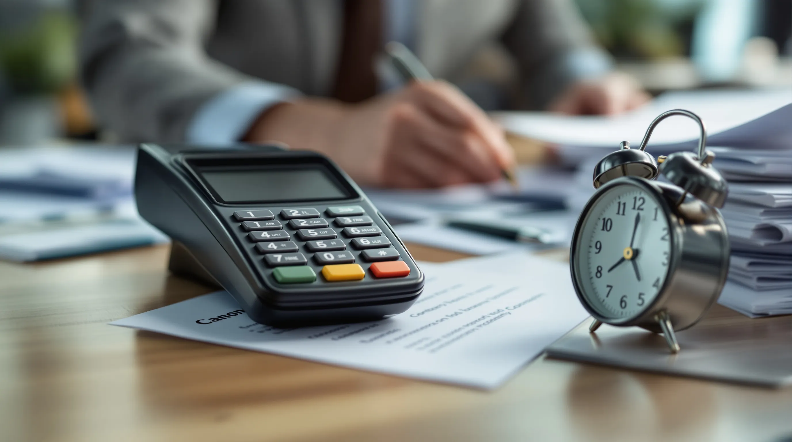 Close-up of a merchant contract with highlighted clause next to a payment terminal, representing hidden costs in high-risk payment processing