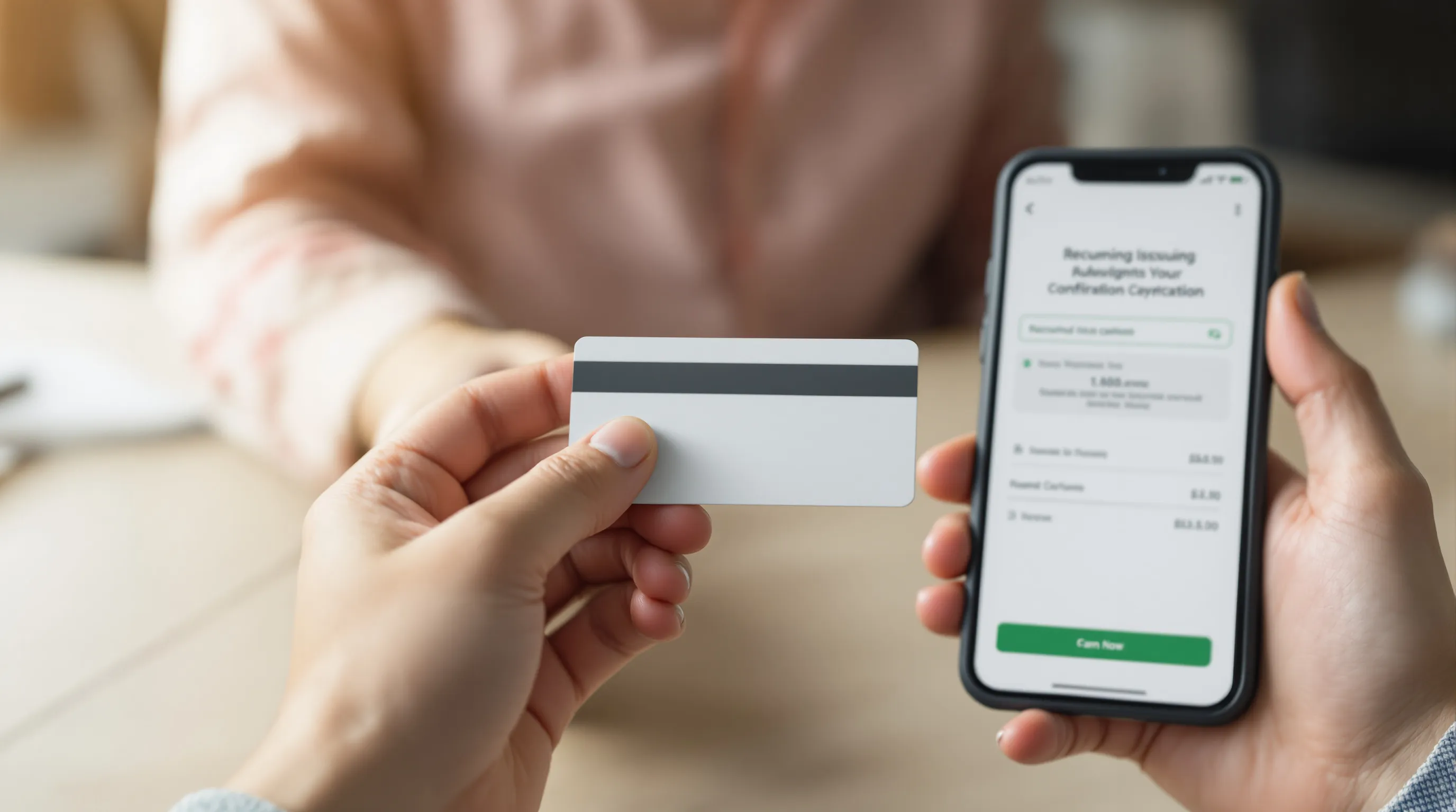 Hand holding a new credit card next to a smartphone showing a recurring subscription payment confirmation