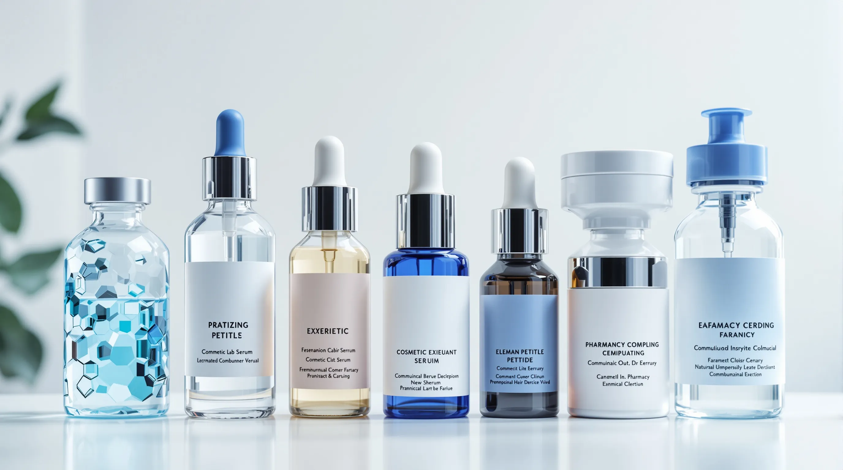 Peptide product categories - research vials, cosmetic serums, and compounding pharmacy equipment representing the three merchant account approval categories