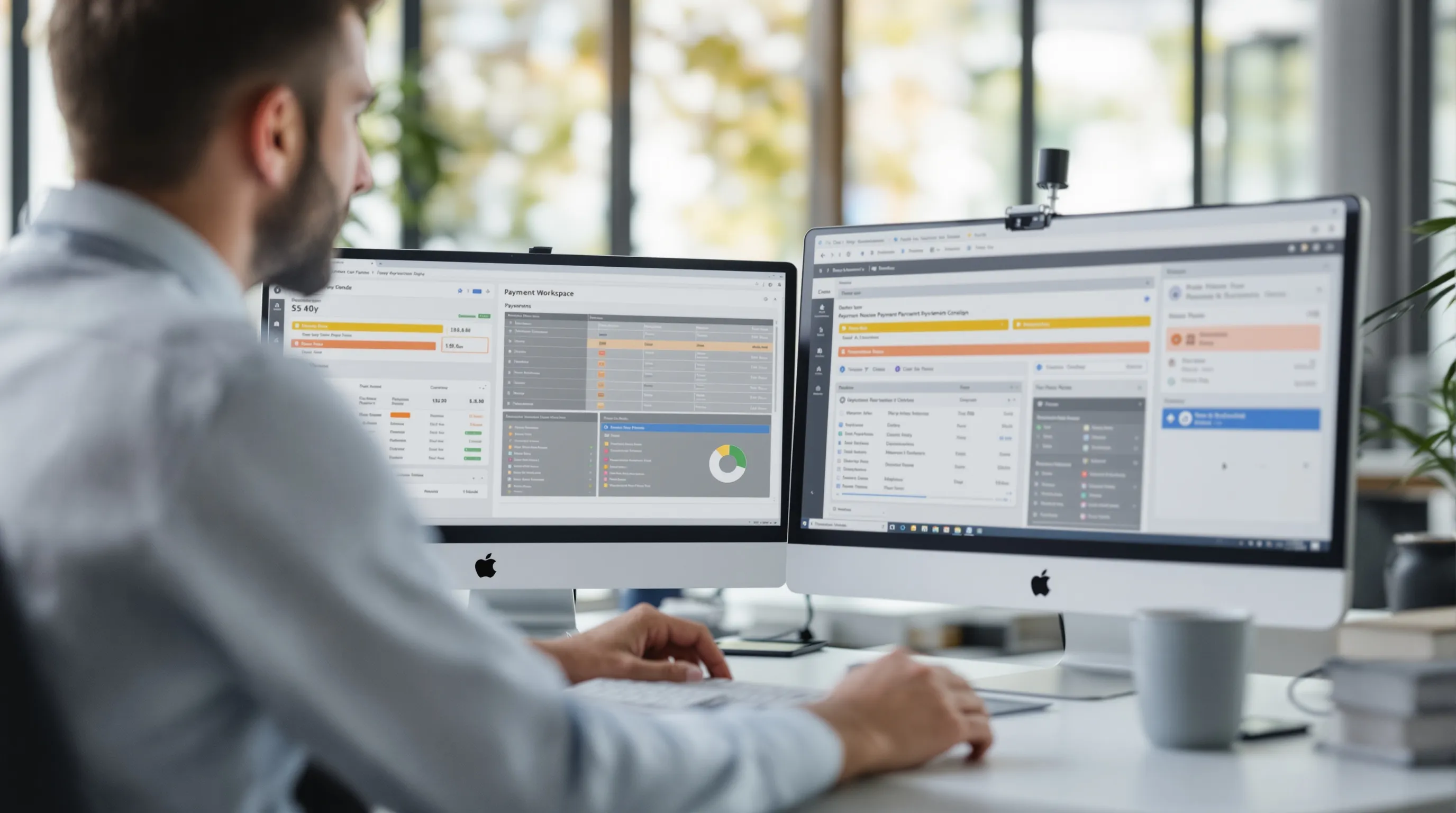A merchant reviewing payment migration documents at a desk, with two payment processor dashboards visible on a monitor - representing parallel processing during a processor switch