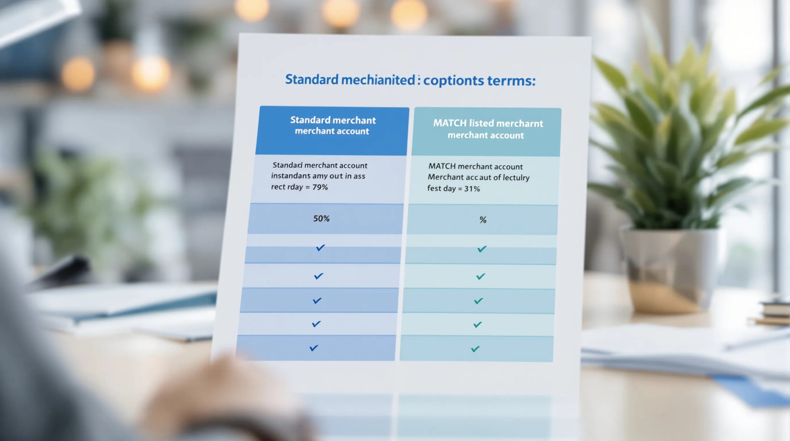 Comparison showing MATCH-listed vs standard merchant account processing terms, rates and reserve requirements