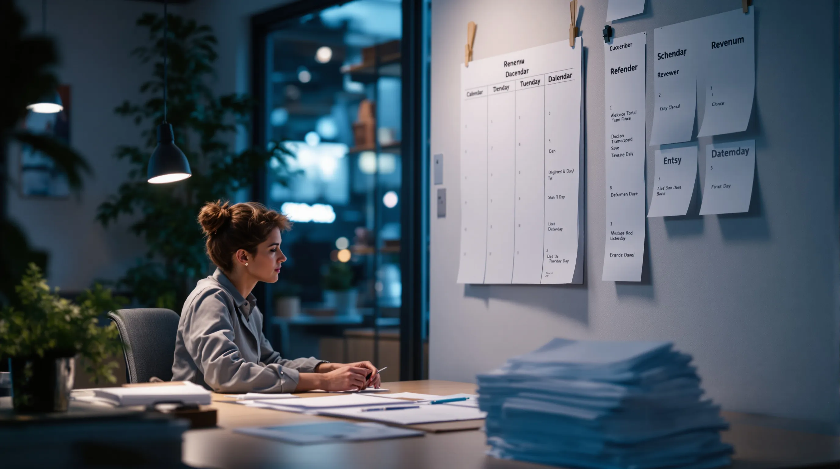 Operations manager reviewing a calendar of subscription renewal dates and printed invoices beside a laptop with an empty billing schedule