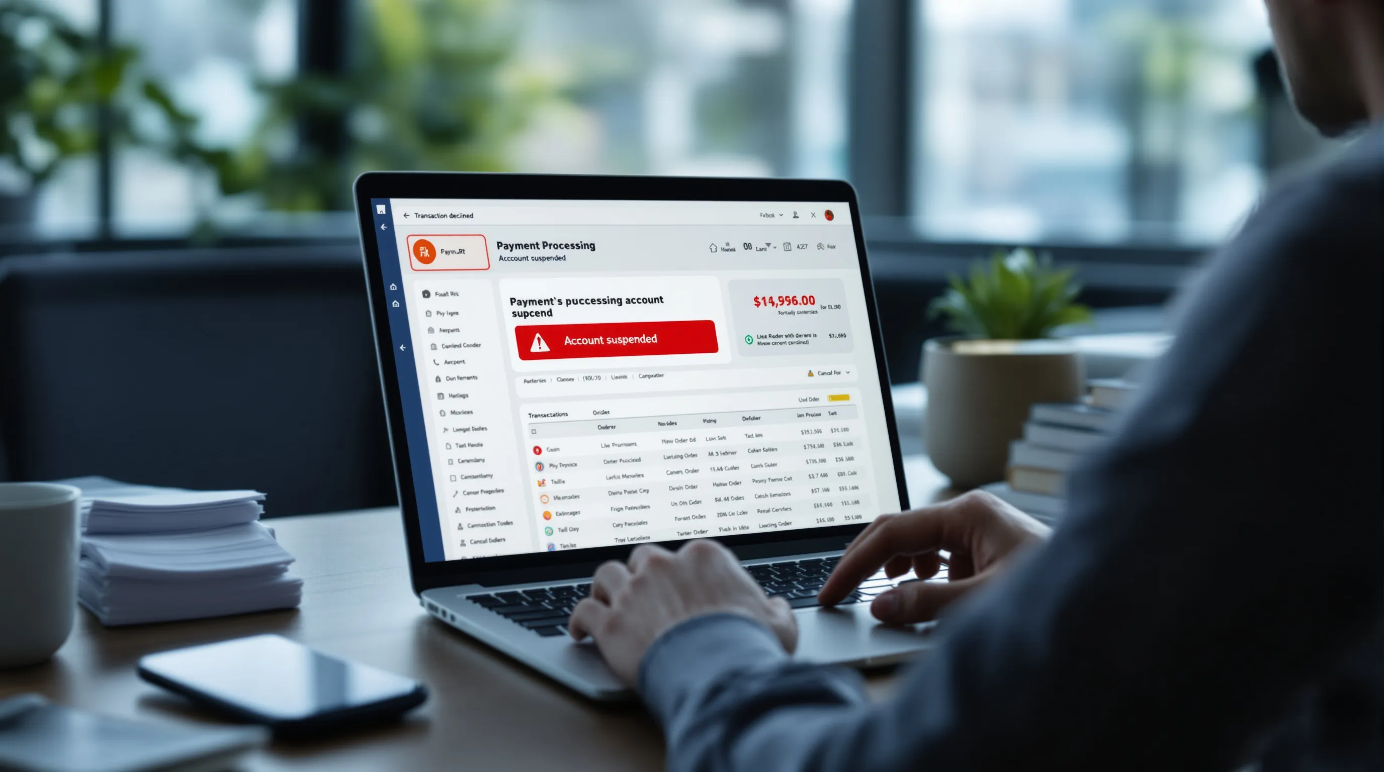 Payment processing account suspended notification on a laptop screen representing the challenges peptide and SARM merchants face with mainstream card processors like Stripe
