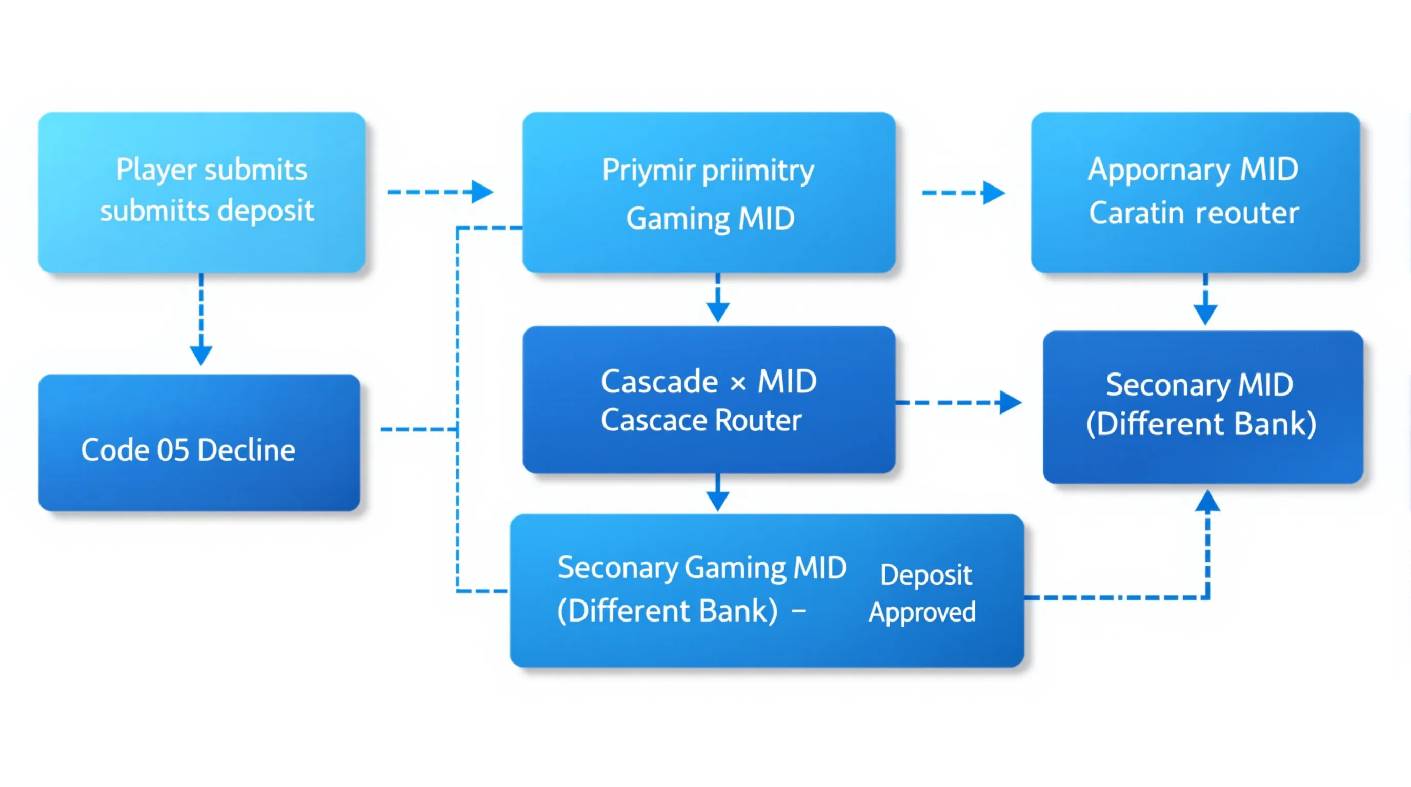 Diagram showing MID cascade routing flow: primary gaming MID declines a transaction by code 05, which is automatically forwarded to a secondary MID at a different acquiring bank, completing the deposit without the player seeing a decline
