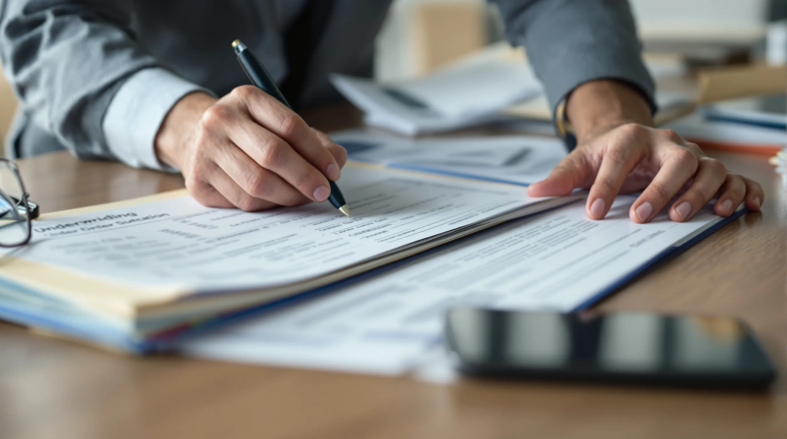 Hands organizing an underwriting file of bank statements, order confirmations and a phone showing a reminder email notification