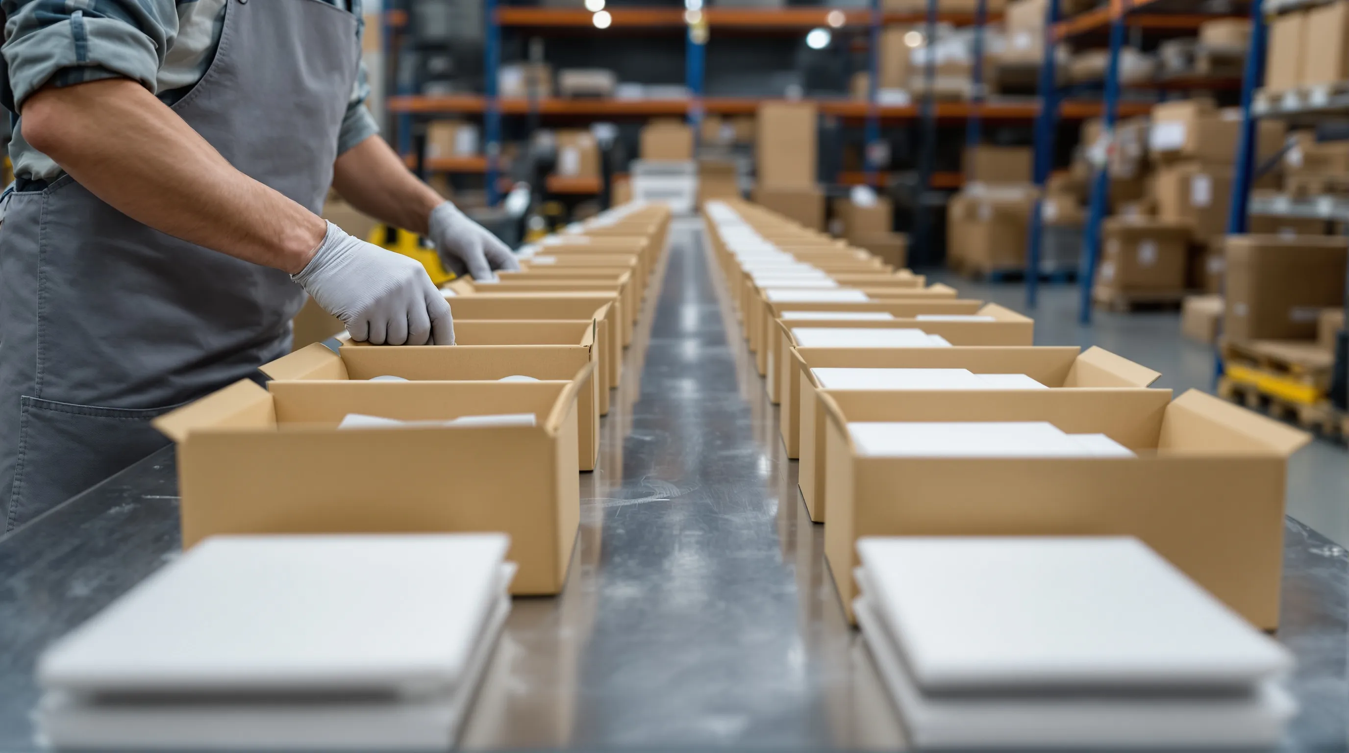 Photorealistic photo inside a small fulfillment warehouse where a worker in a gray apron and gloves tucks small foam-padded inserts and sealed cardboard sleeves into a long row of identical plain kraft mailer boxes on a