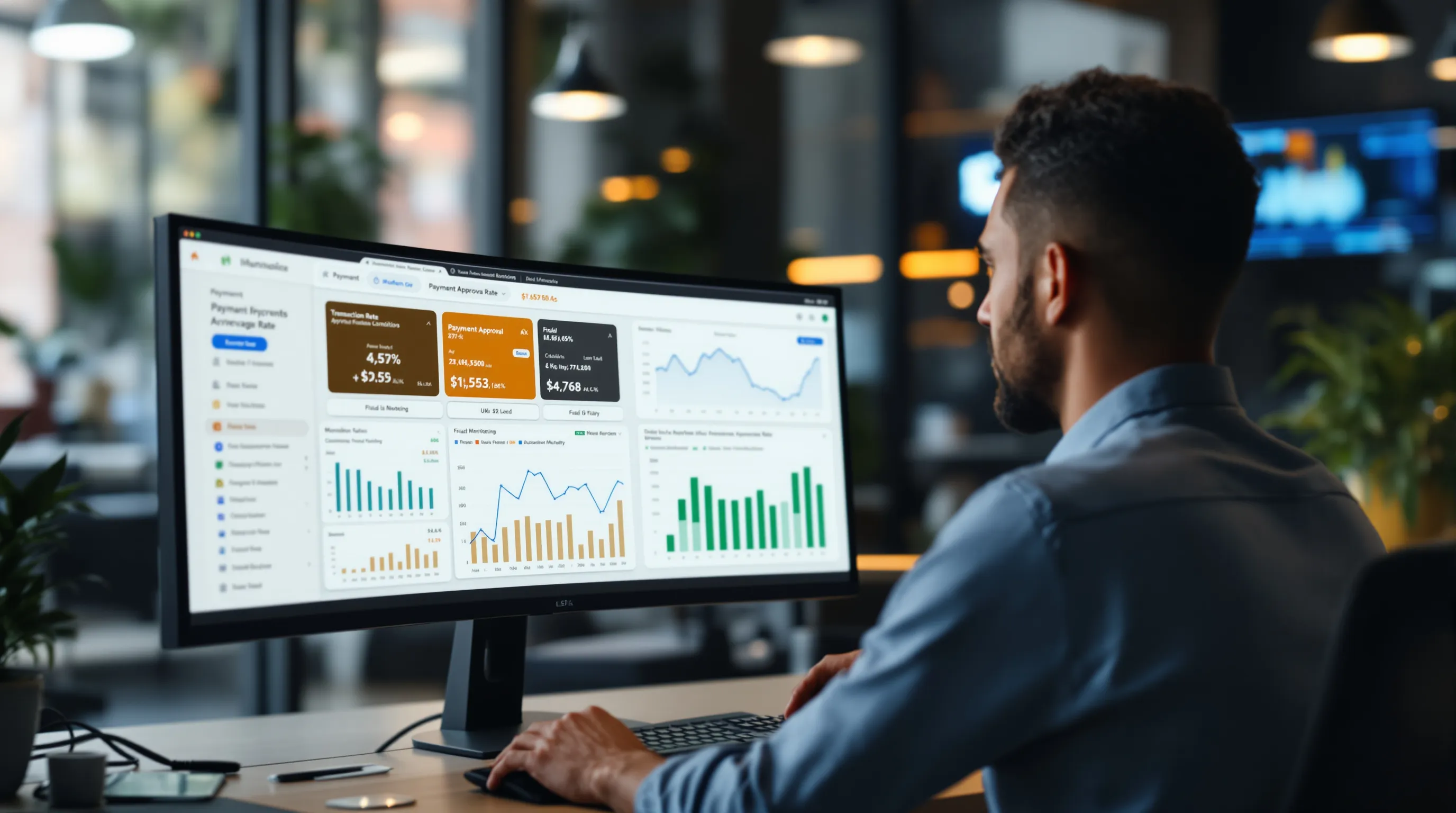 Payment processing analyst reviewing gambling merchant account fraud controls and approval rate dashboards