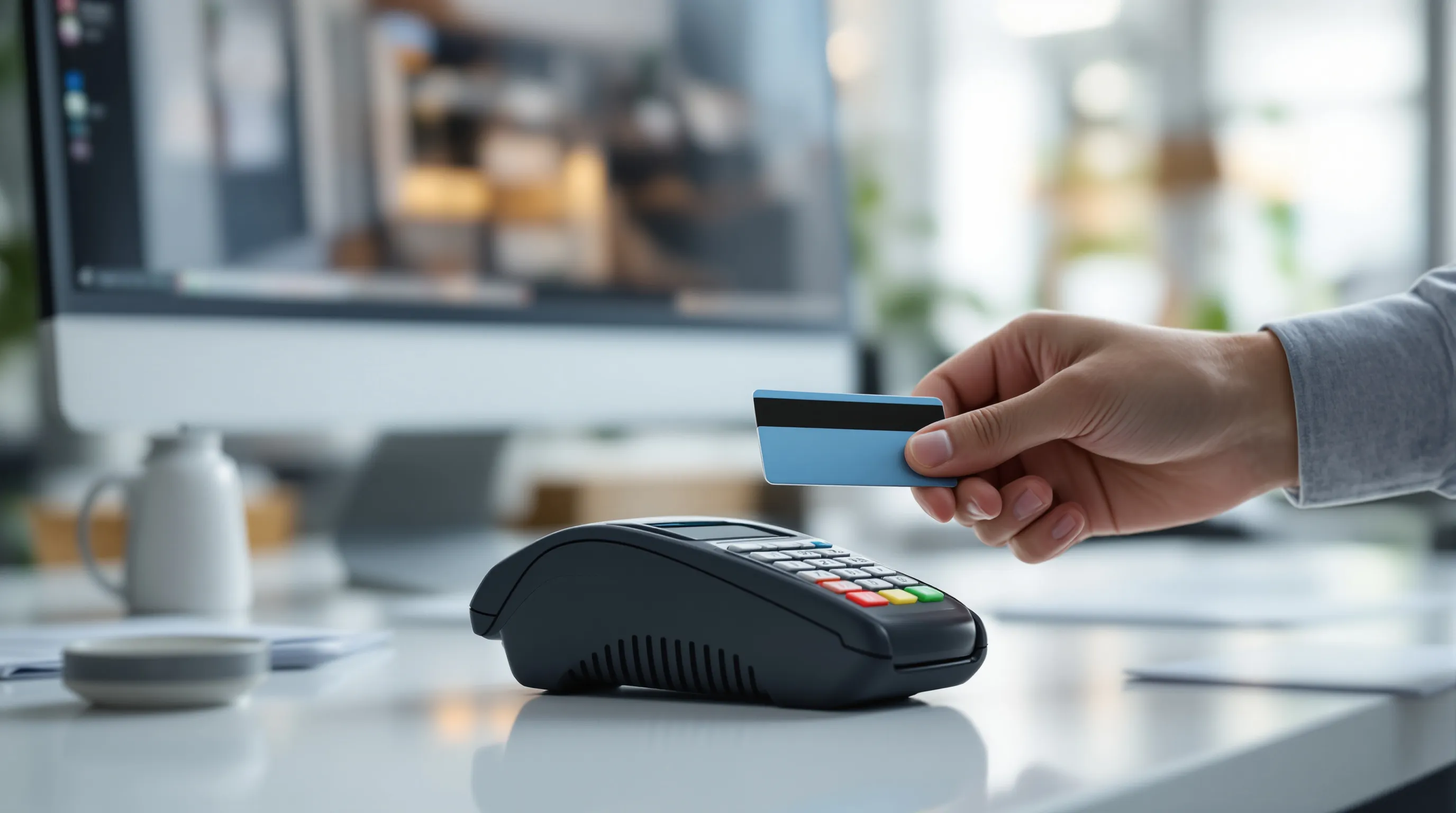 A person tapping a debit card on a contactless payment reader with a banking dashboard visible in the background